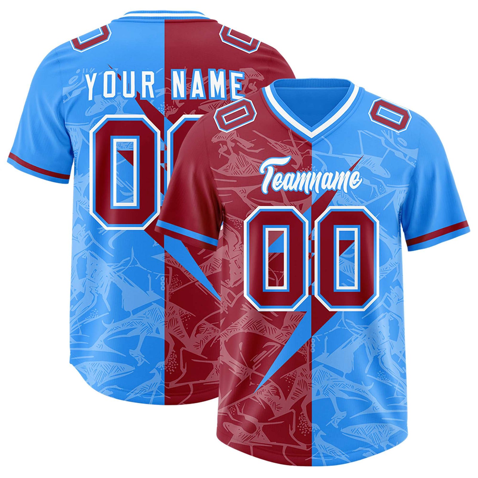 Custom Light Blue Cardinal Split Personalized Lightning Pattern Football Jersey