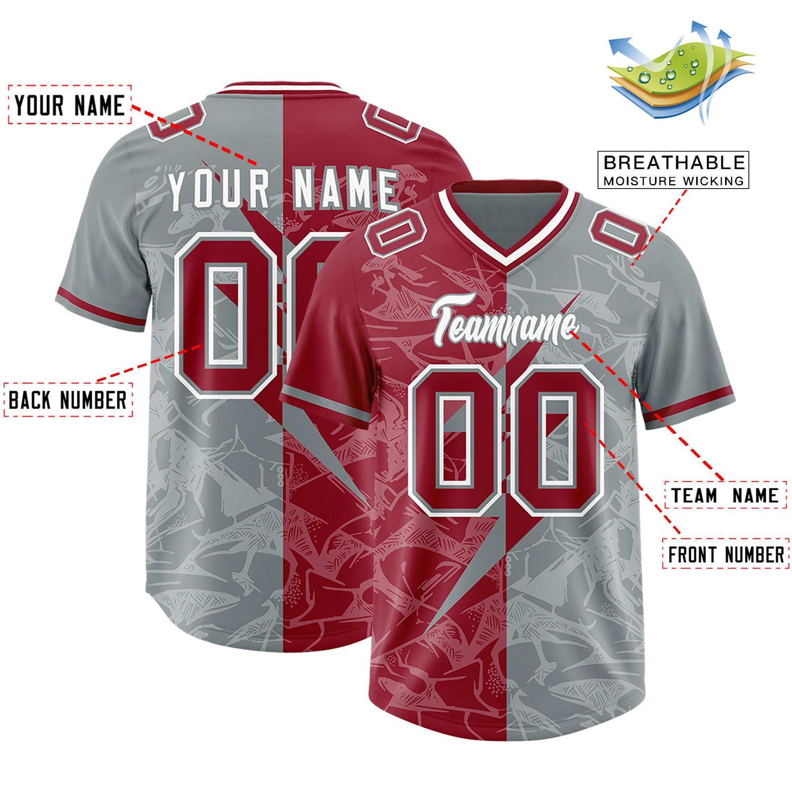 Custom Gray Cardinal Split Personalized Lightning Pattern Football Jersey