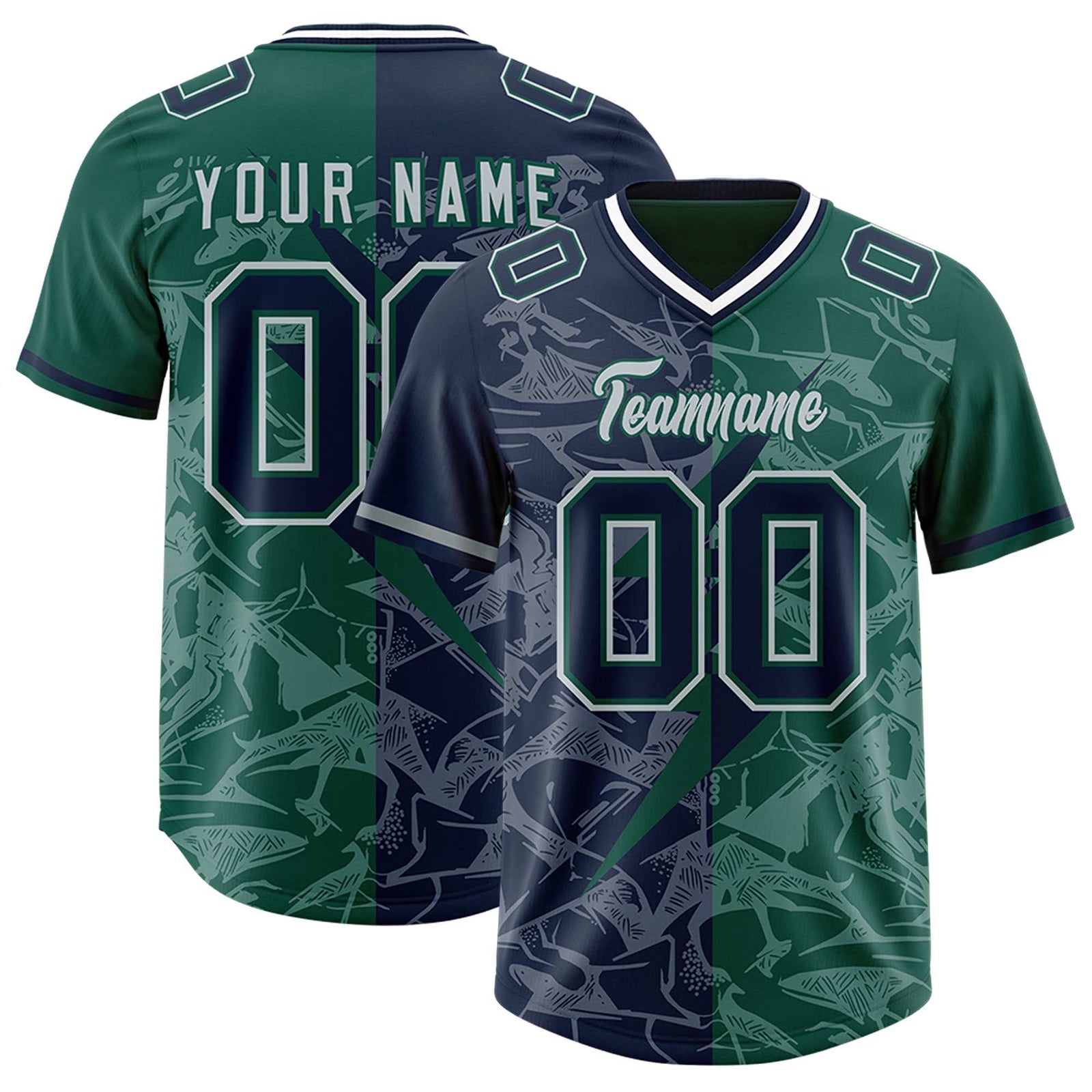 Custom Green Navy Split Personalized Lightning Pattern Football Jersey