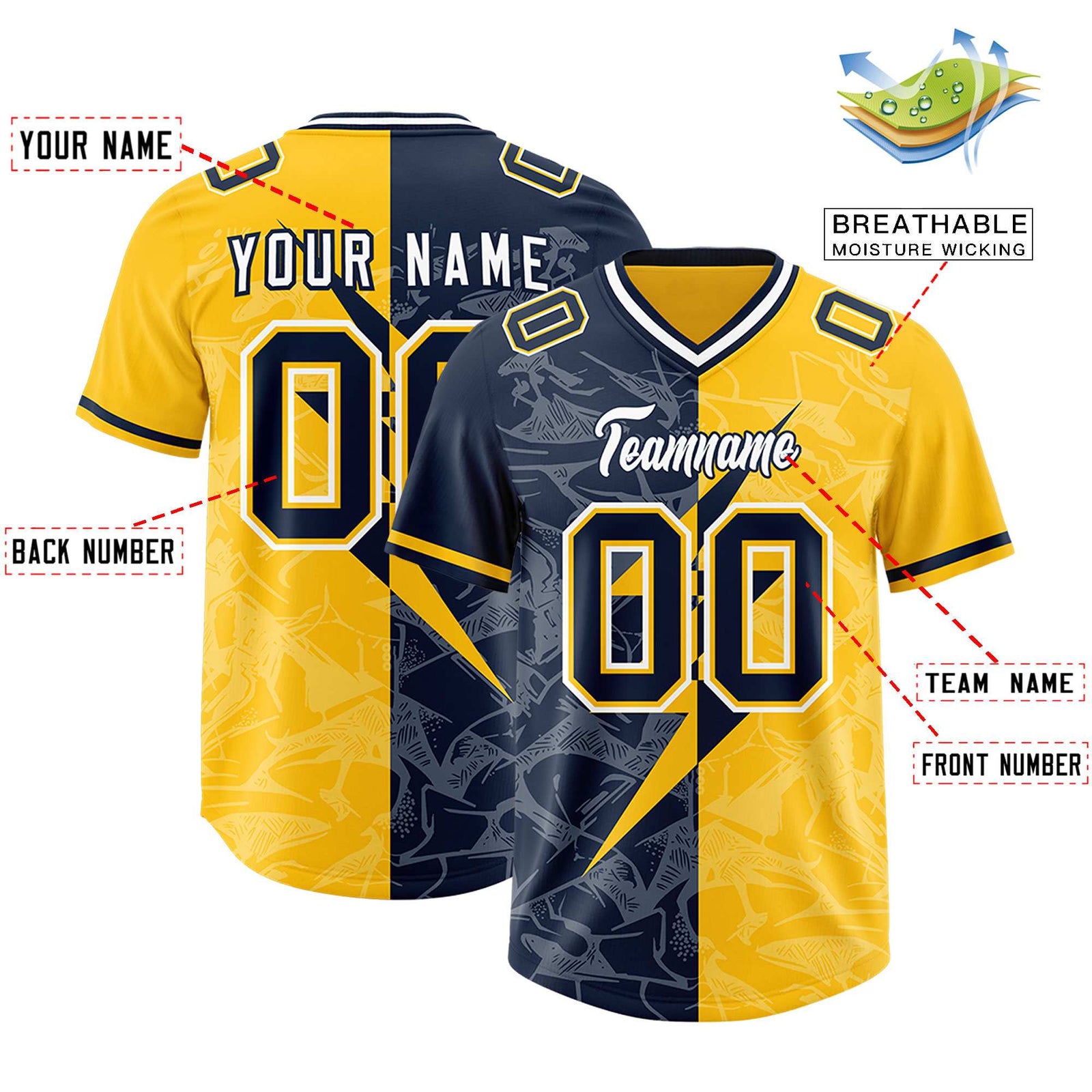 Custom Gold Navy Split Personalized Lightning Pattern Football Jersey