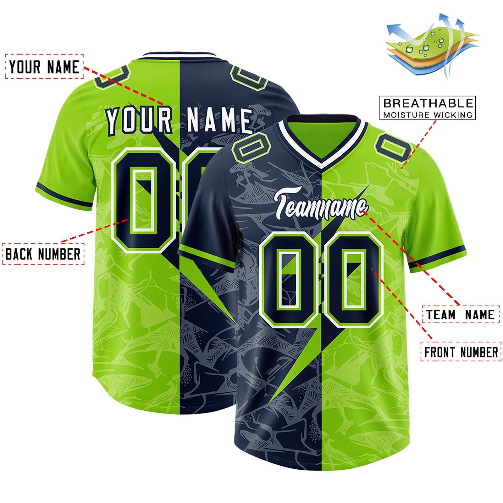 Custom Neon Green Navy Split Personalized Lightning Pattern Football Jersey