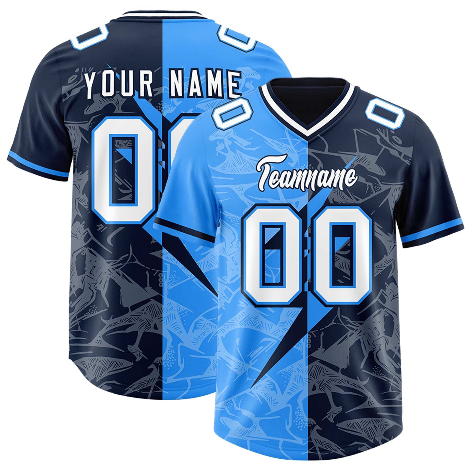 Custom Navy Light Blue Split Personalized Lightning Pattern Football Jersey