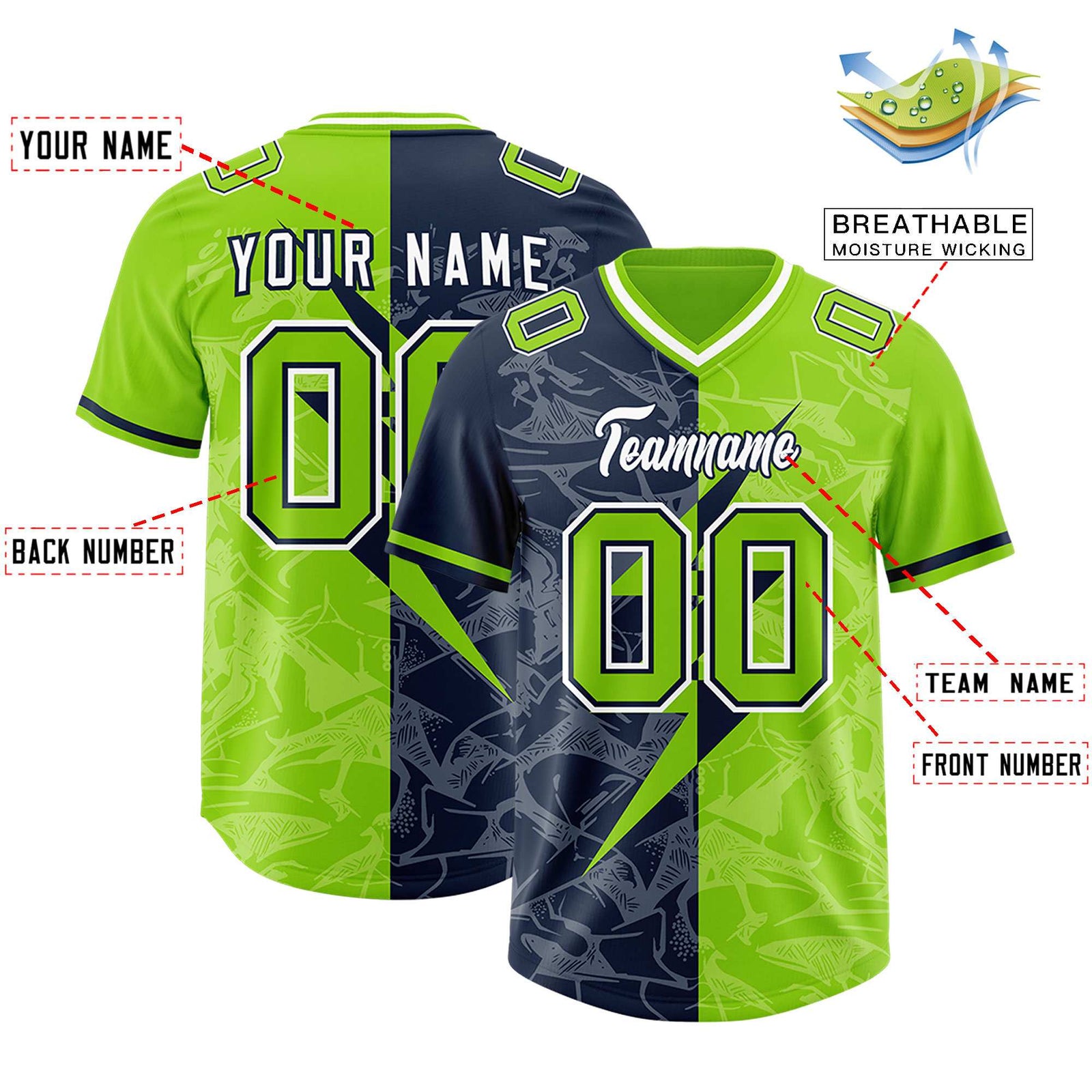 Custom Neon Green Navy Split Personalized Lightning Pattern Football Jersey