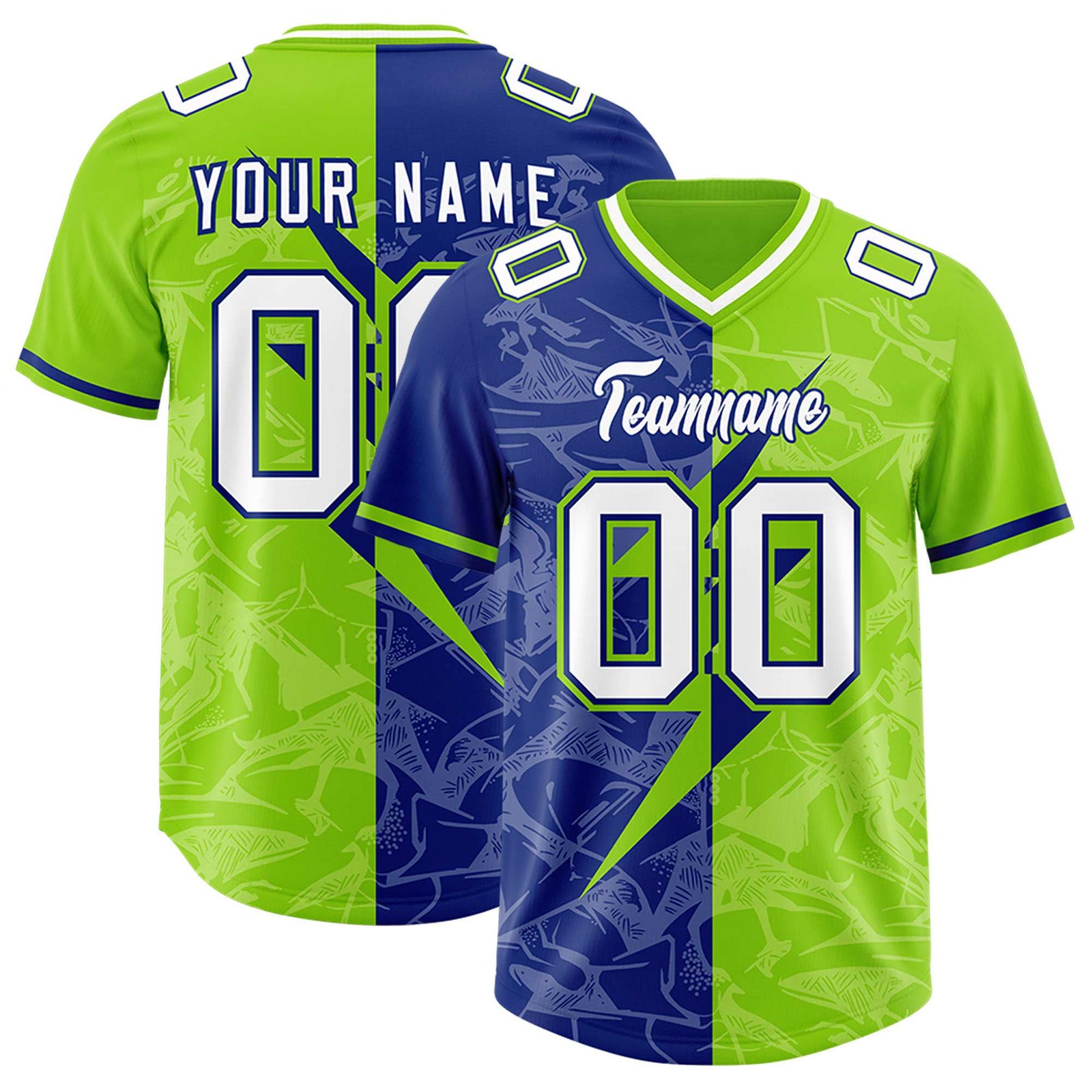 Custom Royal Neon Green Split Personalized Lightning Pattern Football Jersey