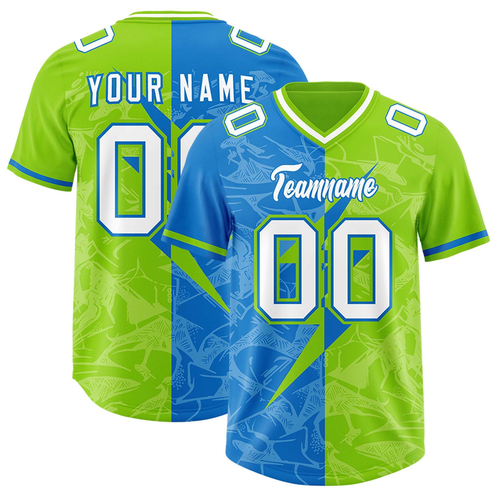 Custom Neon Green Panther Blue Split Personalized Lightning Pattern Football Jersey