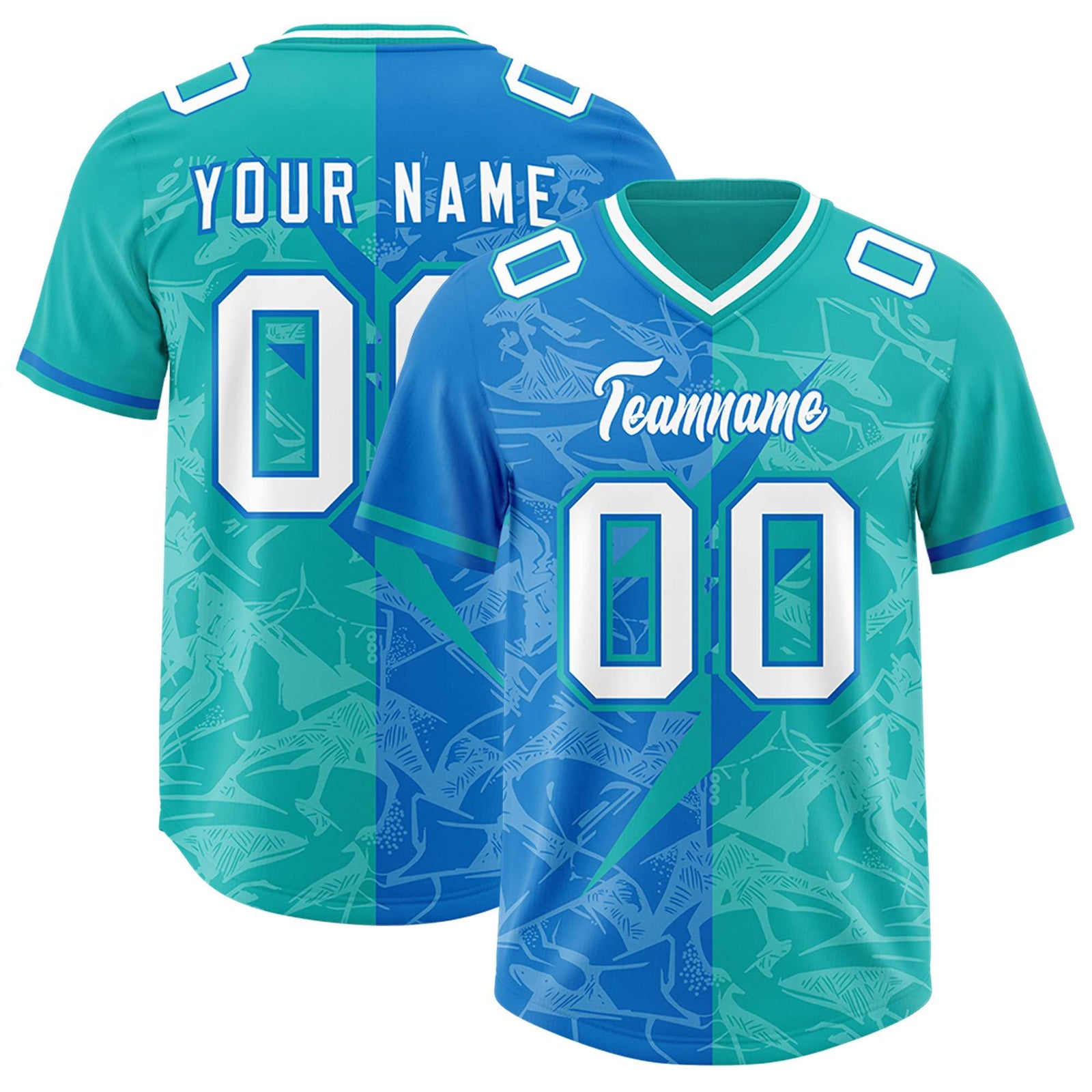 Custom Panther Blue Aqua Split Personalized Lightning Pattern Football Jersey