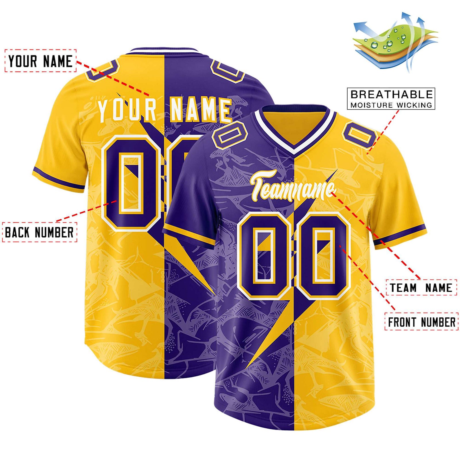 Custom Yellow Purple Split Personalized Lightning Pattern Football Jersey
