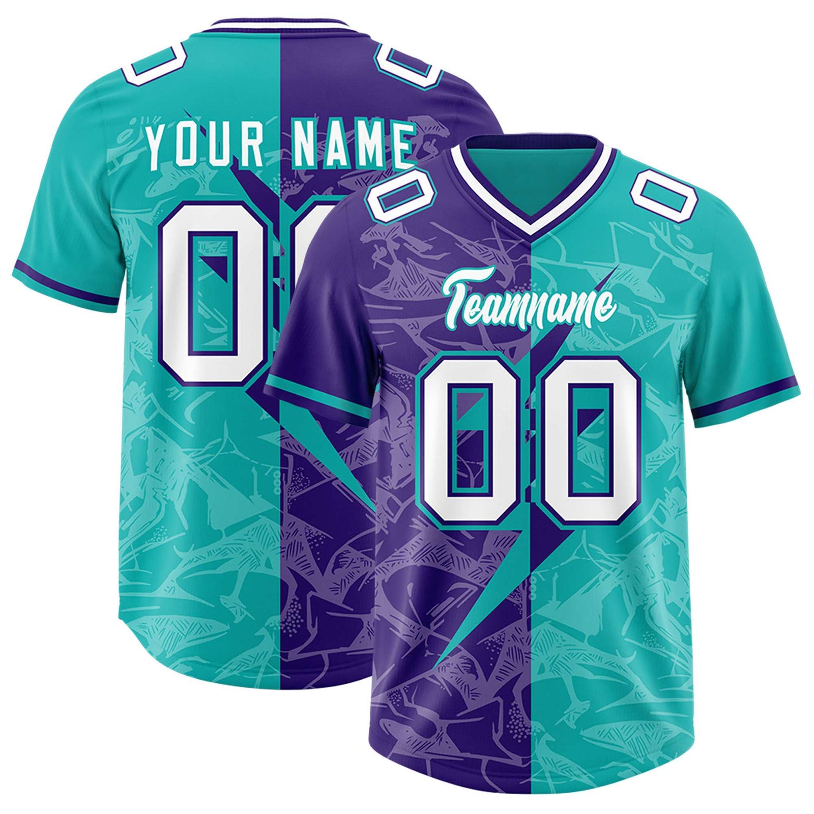 Custom Aqua Purple Split Personalized Lightning Pattern Football Jersey