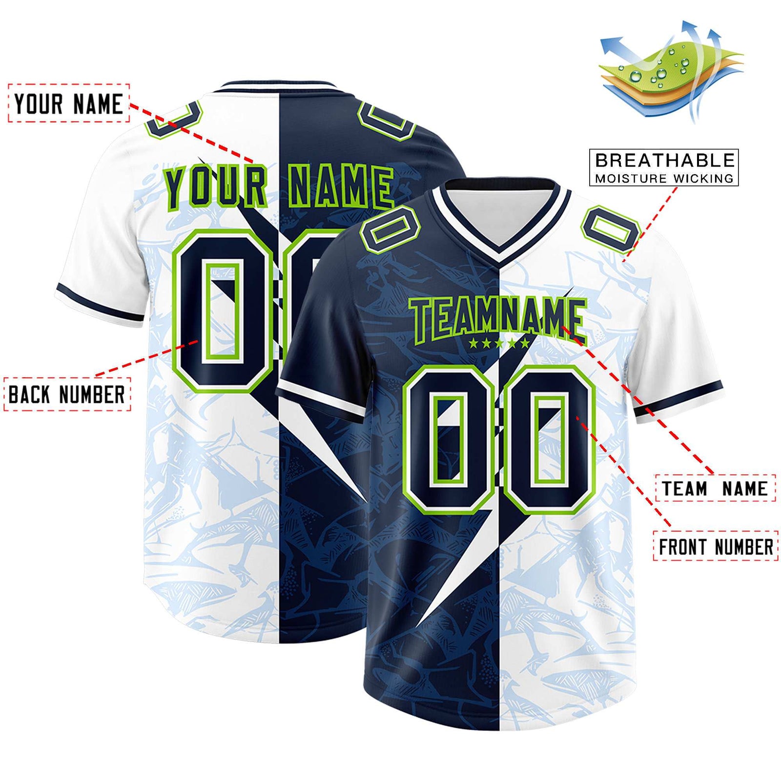 Custom White Navy Split Personalized Lightning Pattern Football Jersey