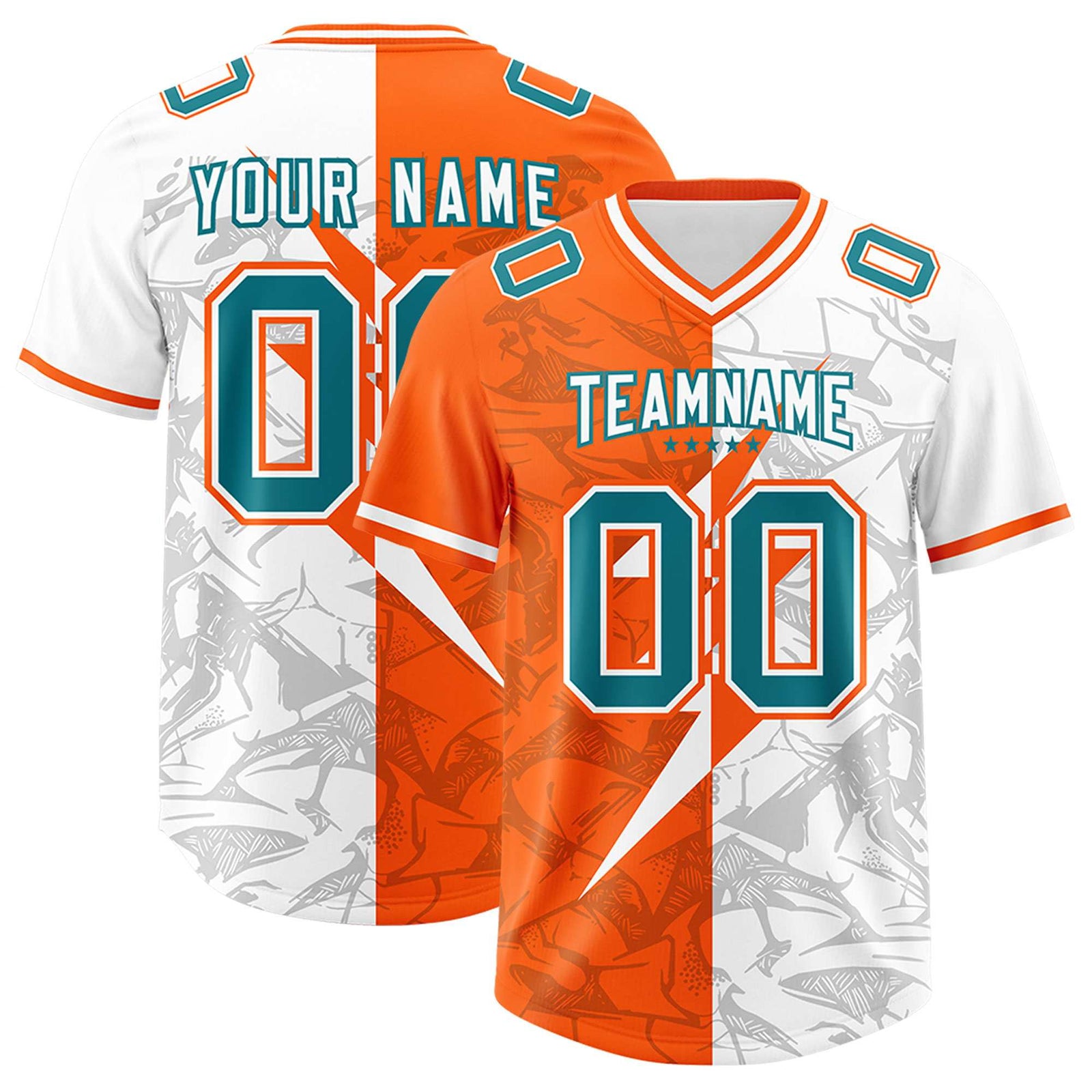 Custom Orange White Split Personalized Lightning Pattern Football Jersey