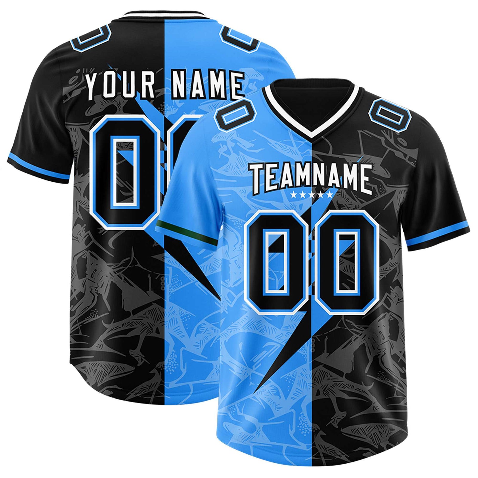 Custom Black Light Blue Split Personalized Lightning Pattern Football Jersey