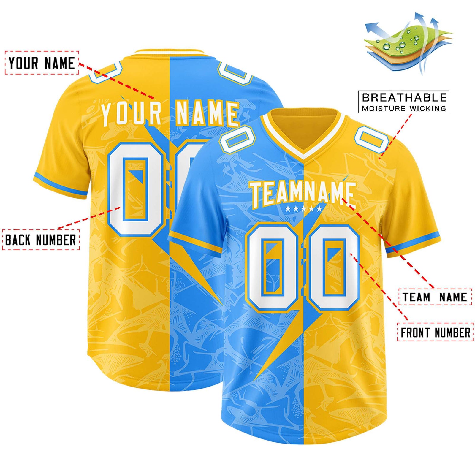 Custom Yellow Light Blue Split Personalized Lightning Pattern Football Jersey