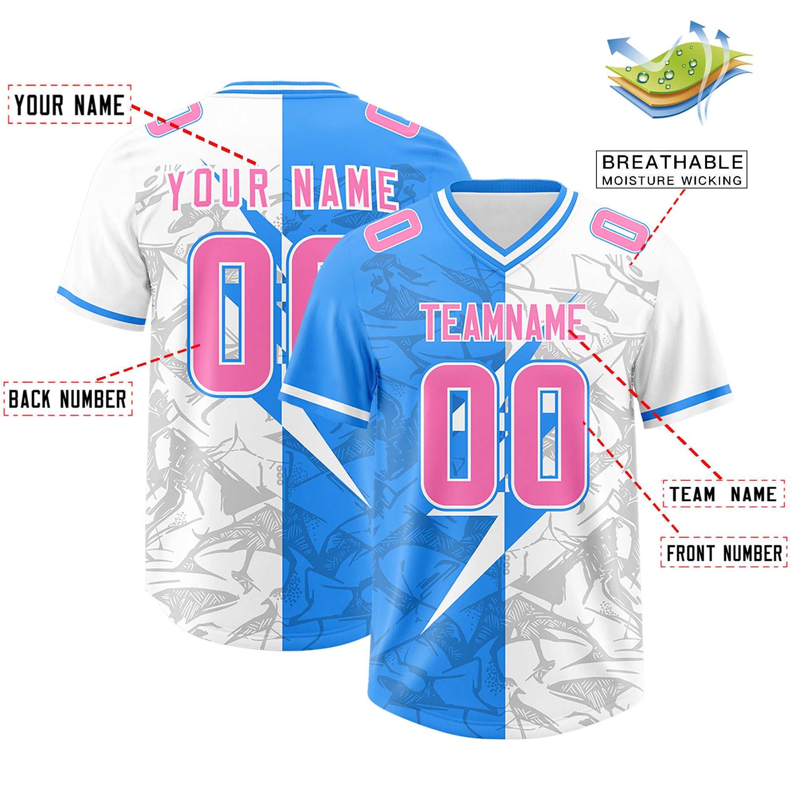 Custom Light Blue White Split Personalized Lightning Pattern Football Jersey