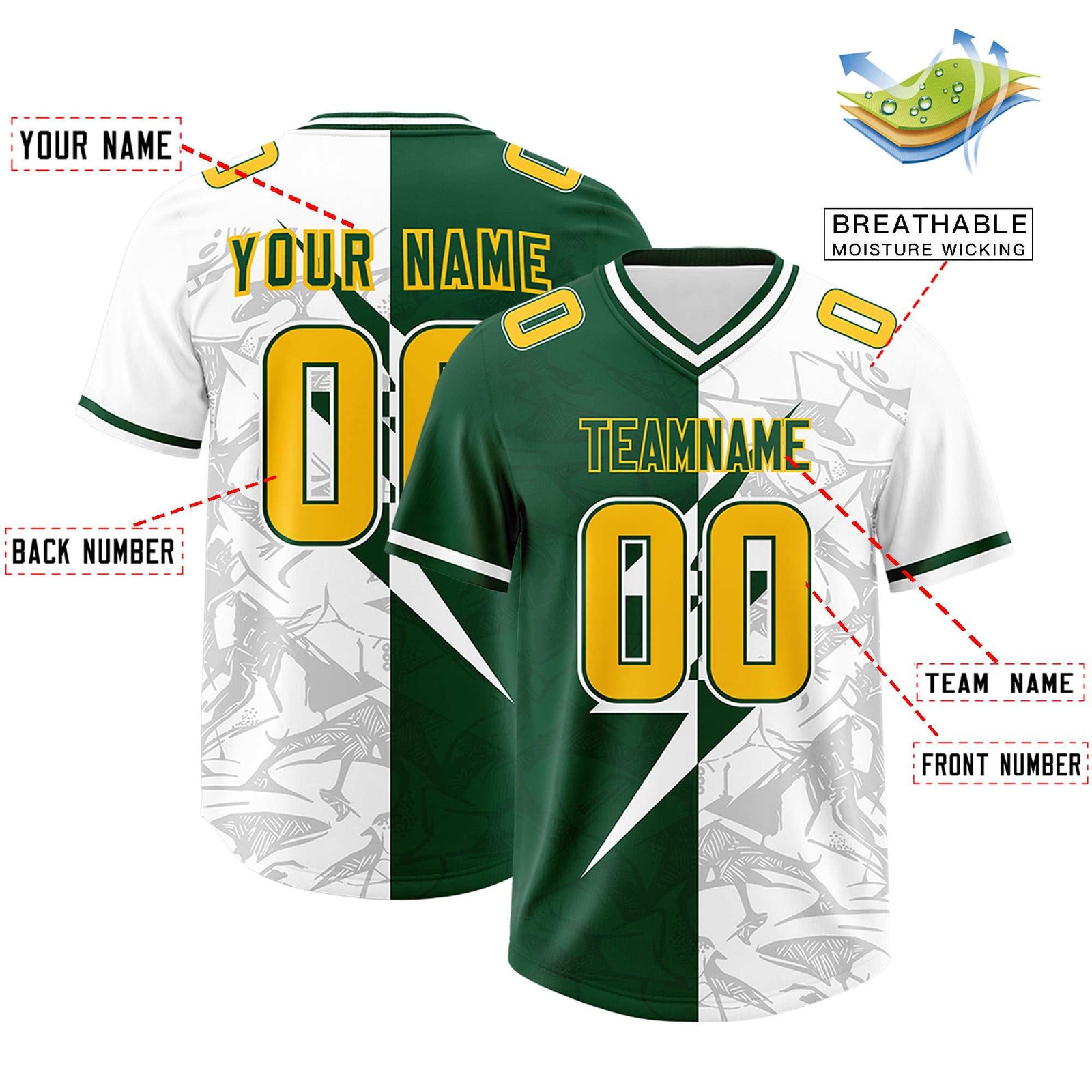 Custom Green White Split Personalized Lightning Pattern Football Jersey
