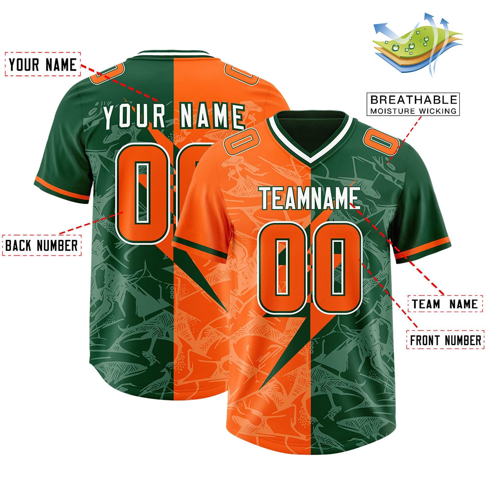 Custom Green Orange Split Personalized Lightning Pattern Football Jersey