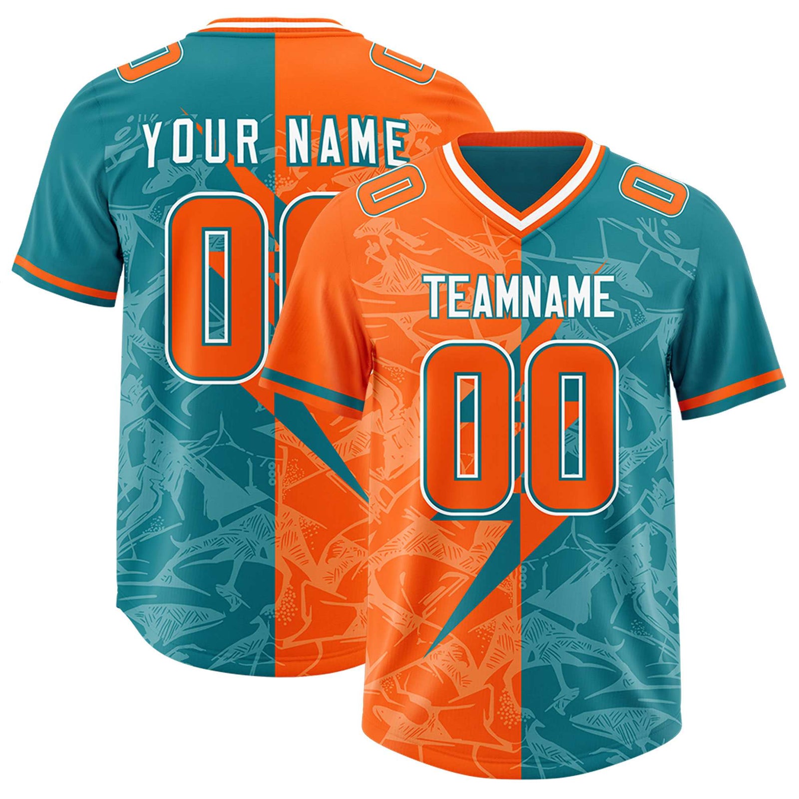 Custom Aqua Orange Split Personalized Lightning Pattern Football Jersey
