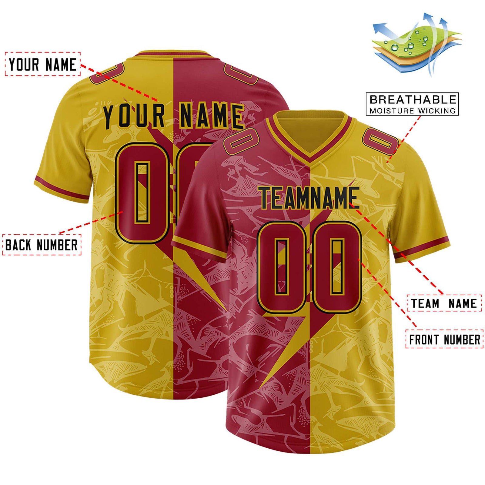 Custom Old Gold Cardinal Split Personalized Lightning Pattern Football Jersey