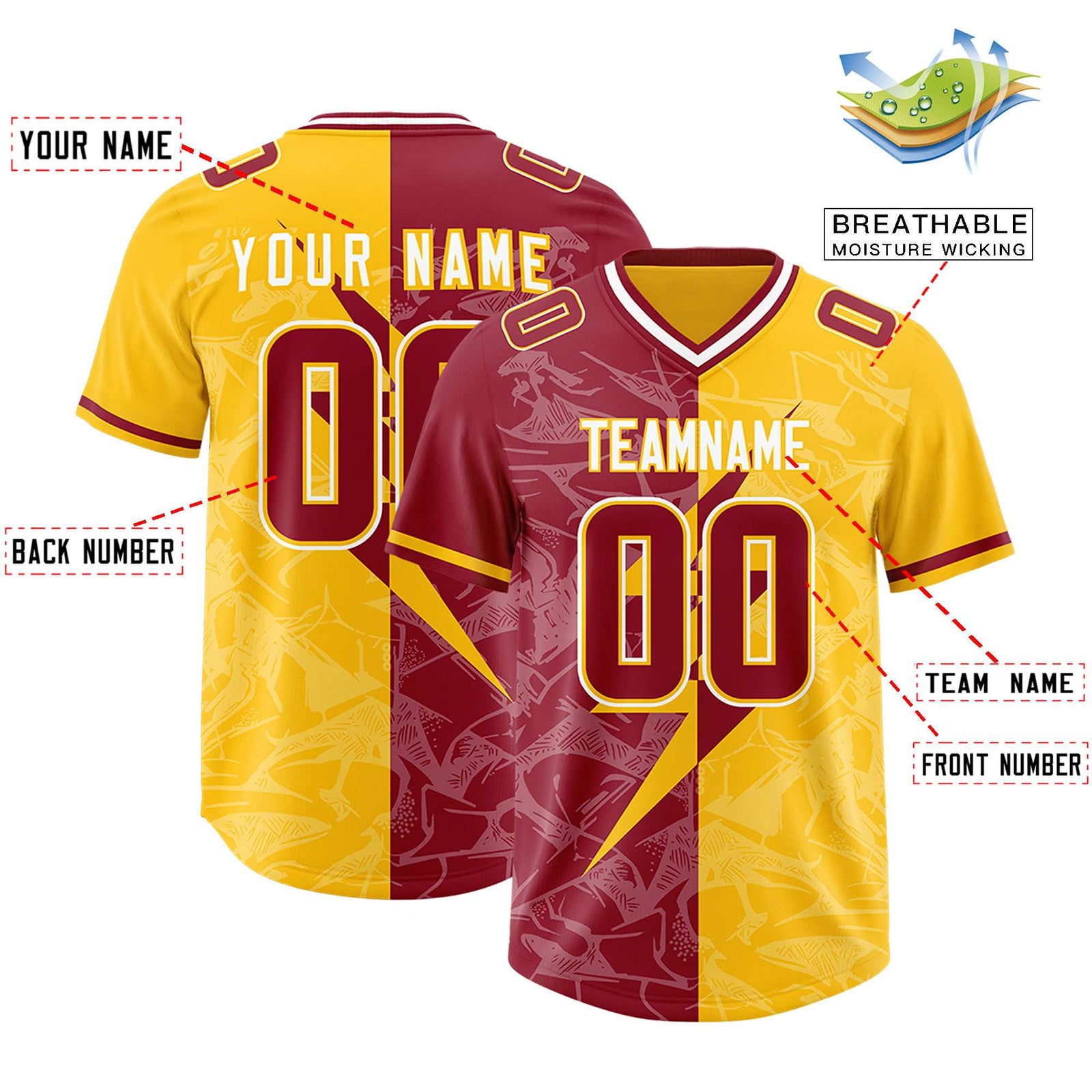 Custom Yellow Cardinal Split Personalized Lightning Pattern Football Jersey
