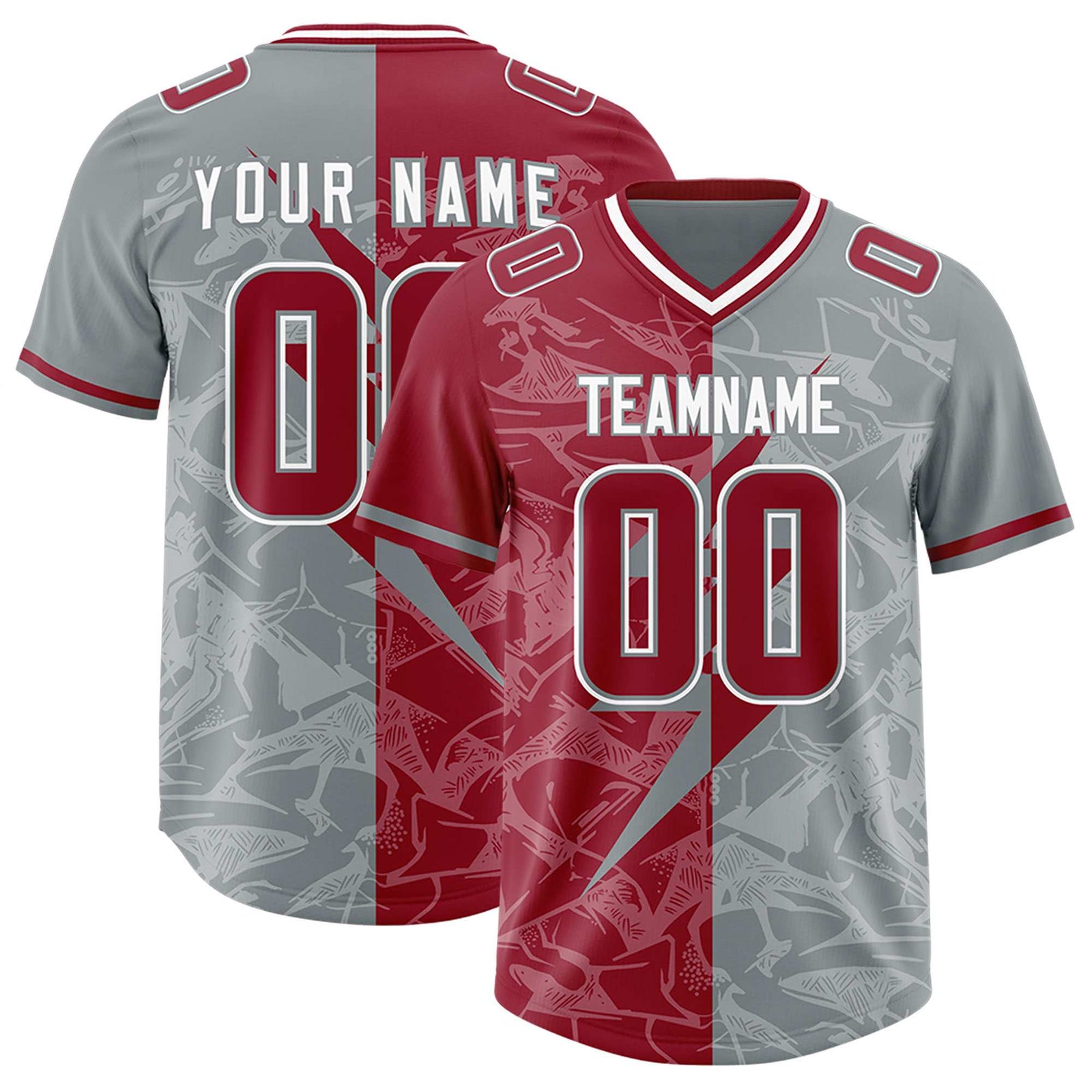 Custom Gray Cardinal Split Personalized Lightning Pattern Football Jersey