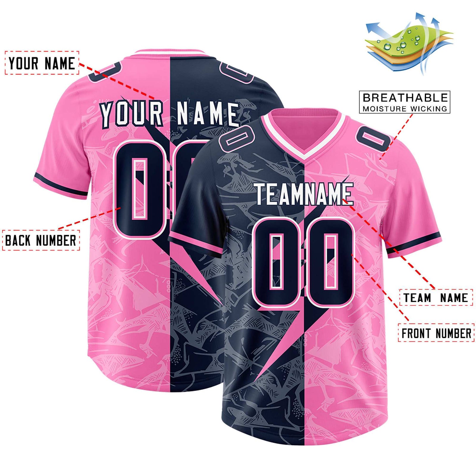 Custom Pink Navy Split Personalized Lightning Pattern Football Jersey