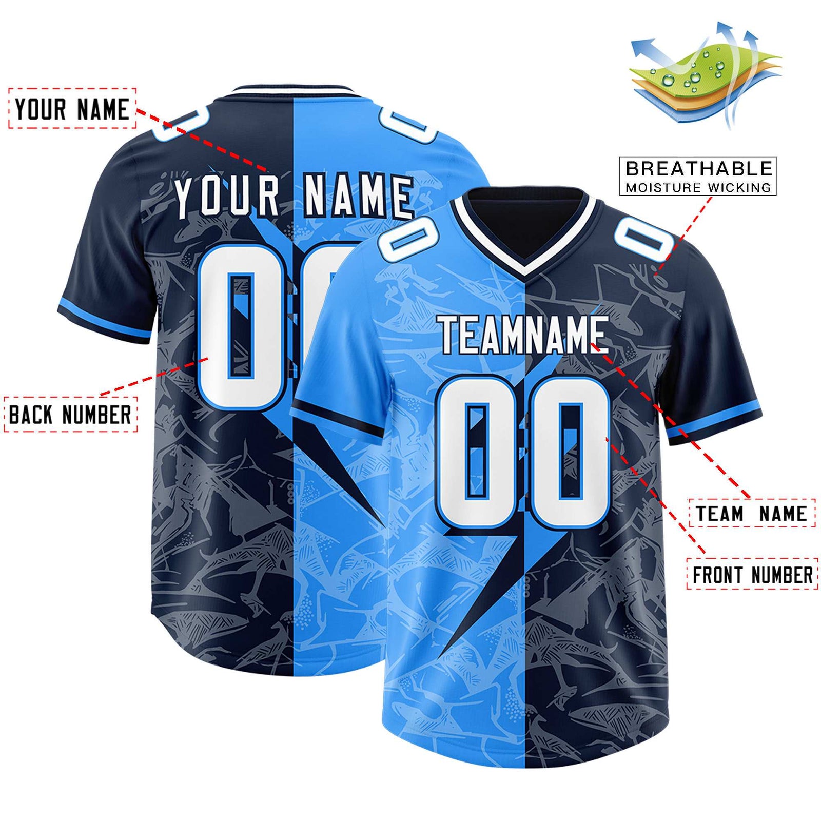 Custom Navy Light Blue Split Personalized Lightning Pattern Football Jersey