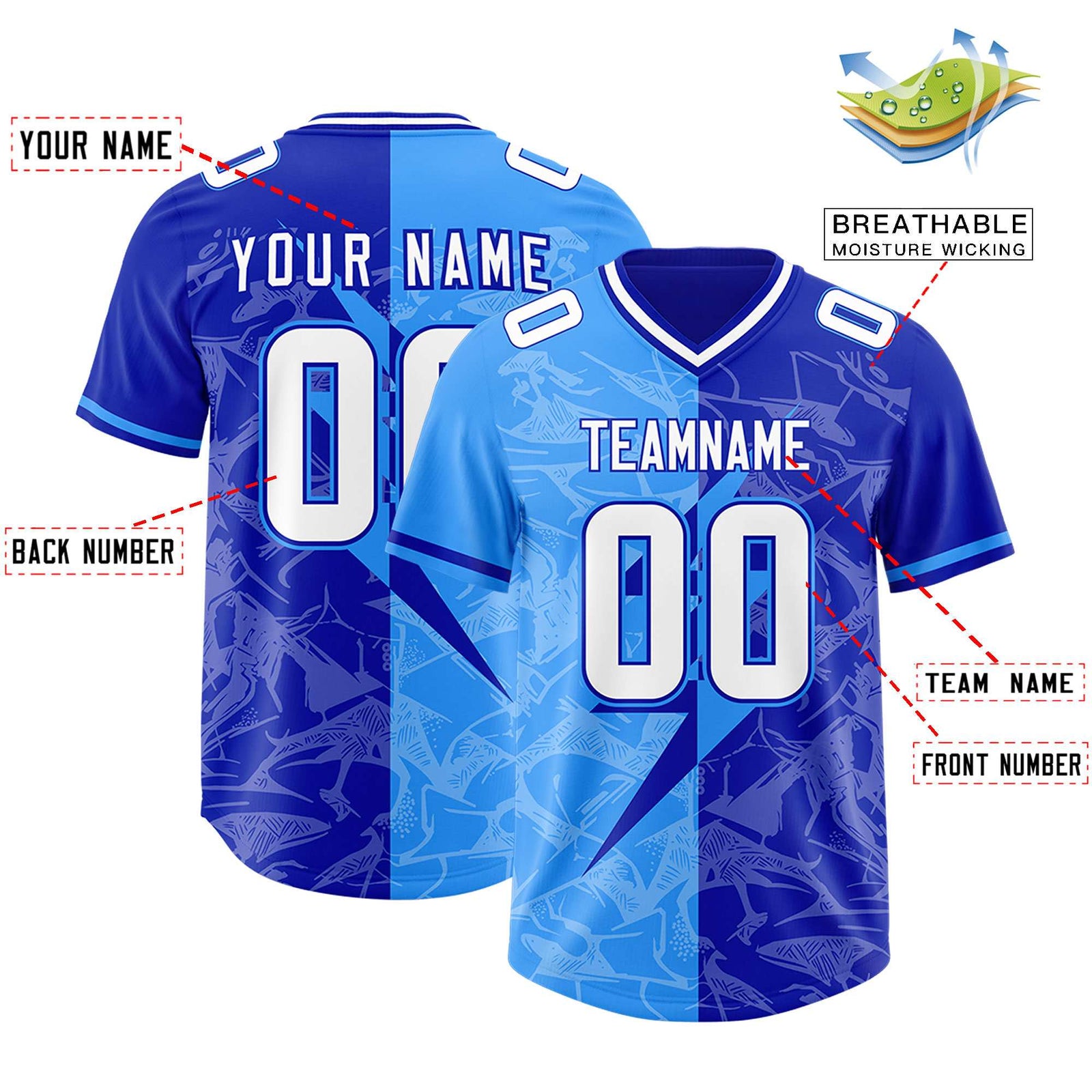 Custom Royal Light Blue Split Personalized Lightning Pattern Football Jersey