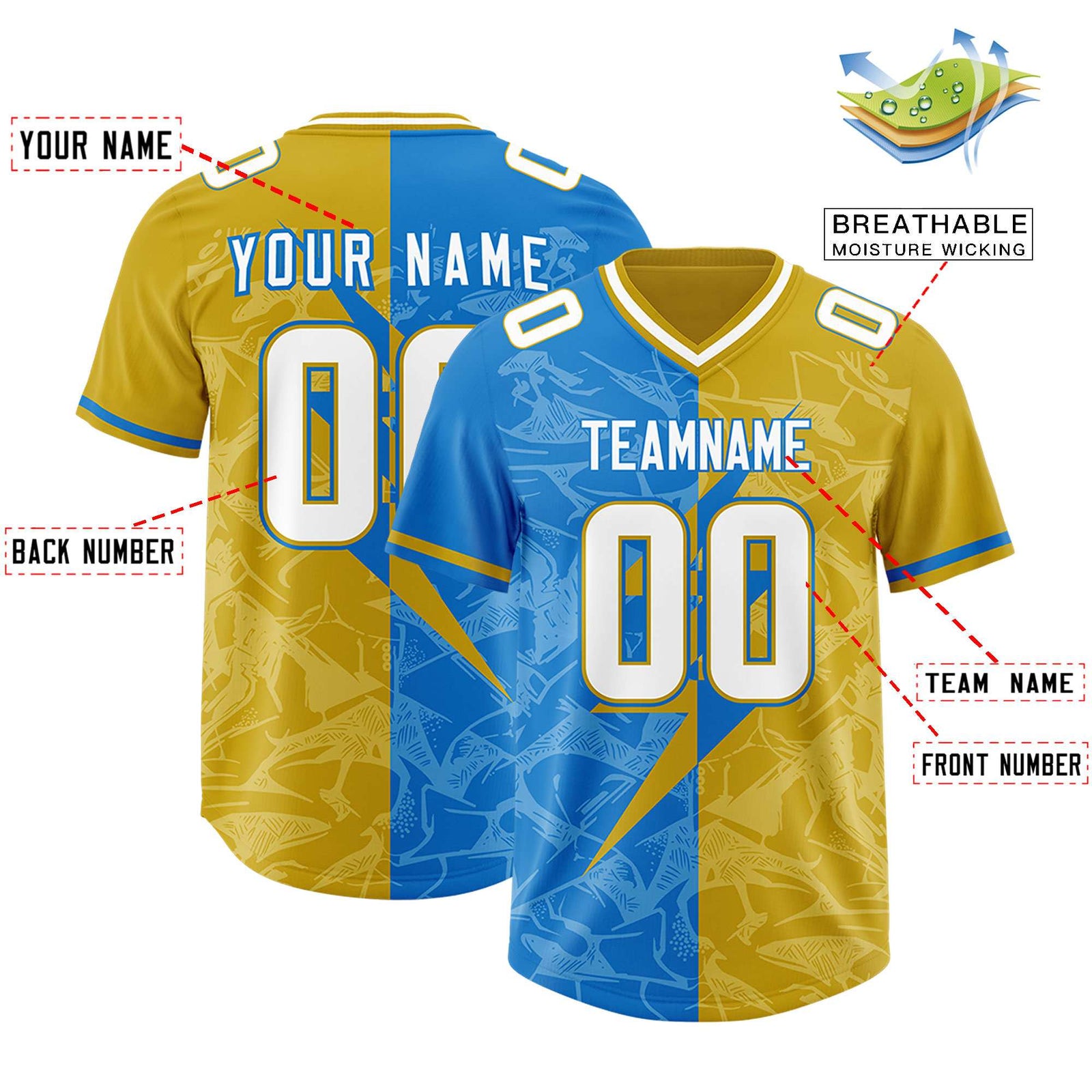 Custom Panther Blue Old Gold Split Personalized Lightning Pattern Football Jersey