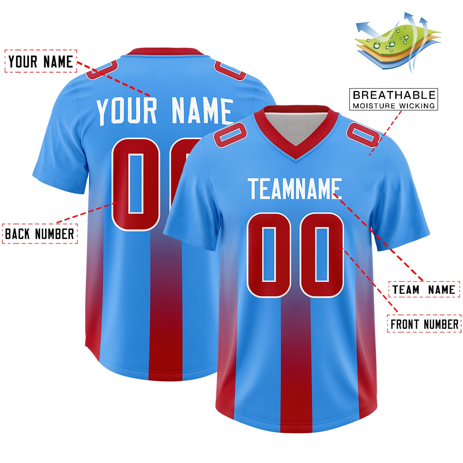 Custom Light Blue Red Vertical Width Stripe Gradient Fashion Personalized Team Football Jersey