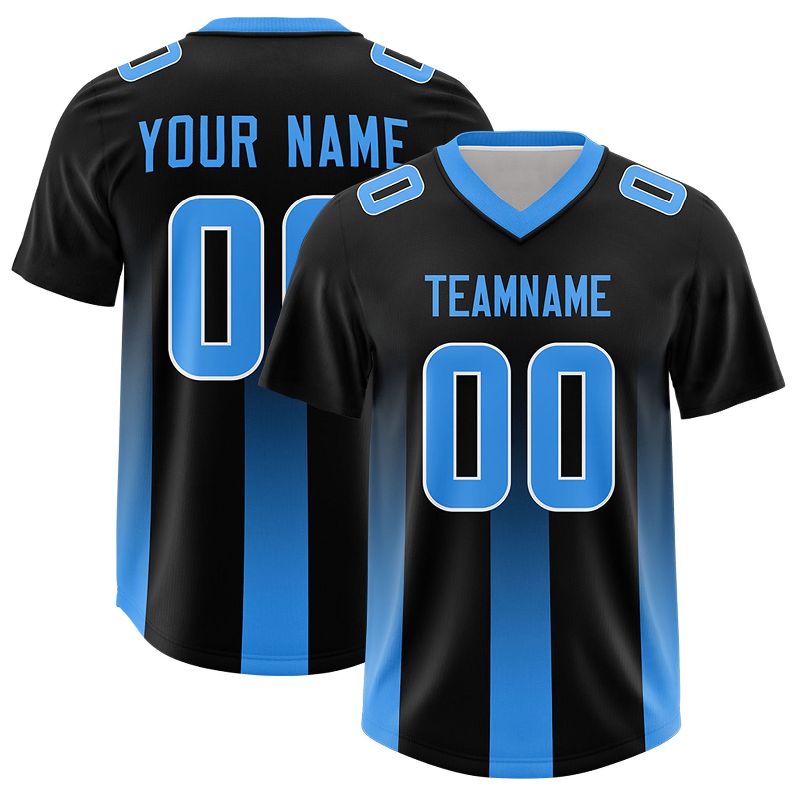 Custom Black Light Blue Vertical Width Stripe Gradient Fashion Personalized Team Football Jersey