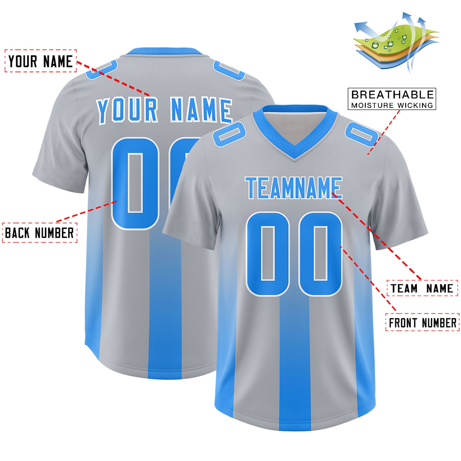 Custom Gray Light Blue Vertical Width Stripe Gradient Fashion Personalized Team Football Jersey