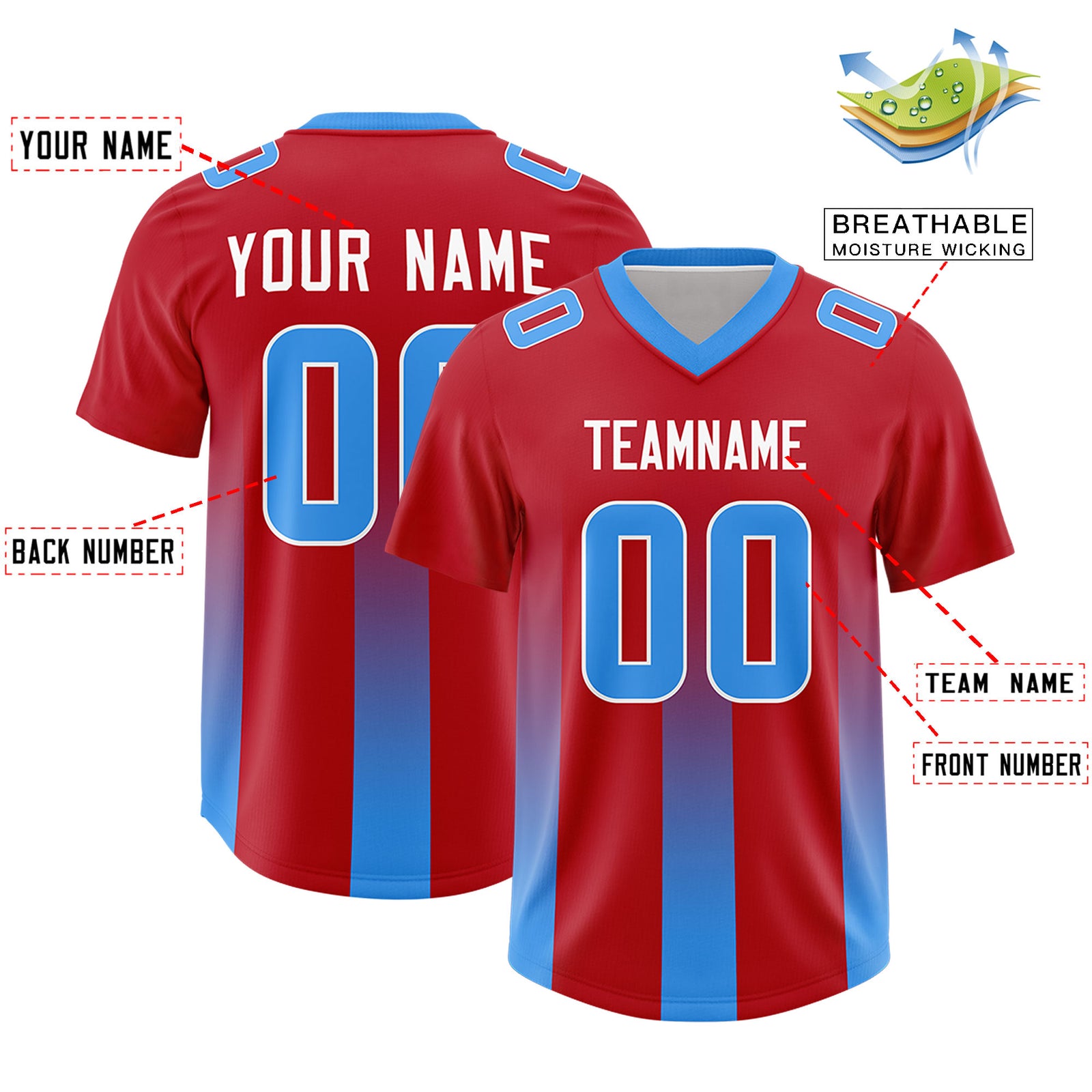 Custom Red Light Blue Vertical Width Stripe Gradient Fashion Personalized Team Football Jersey