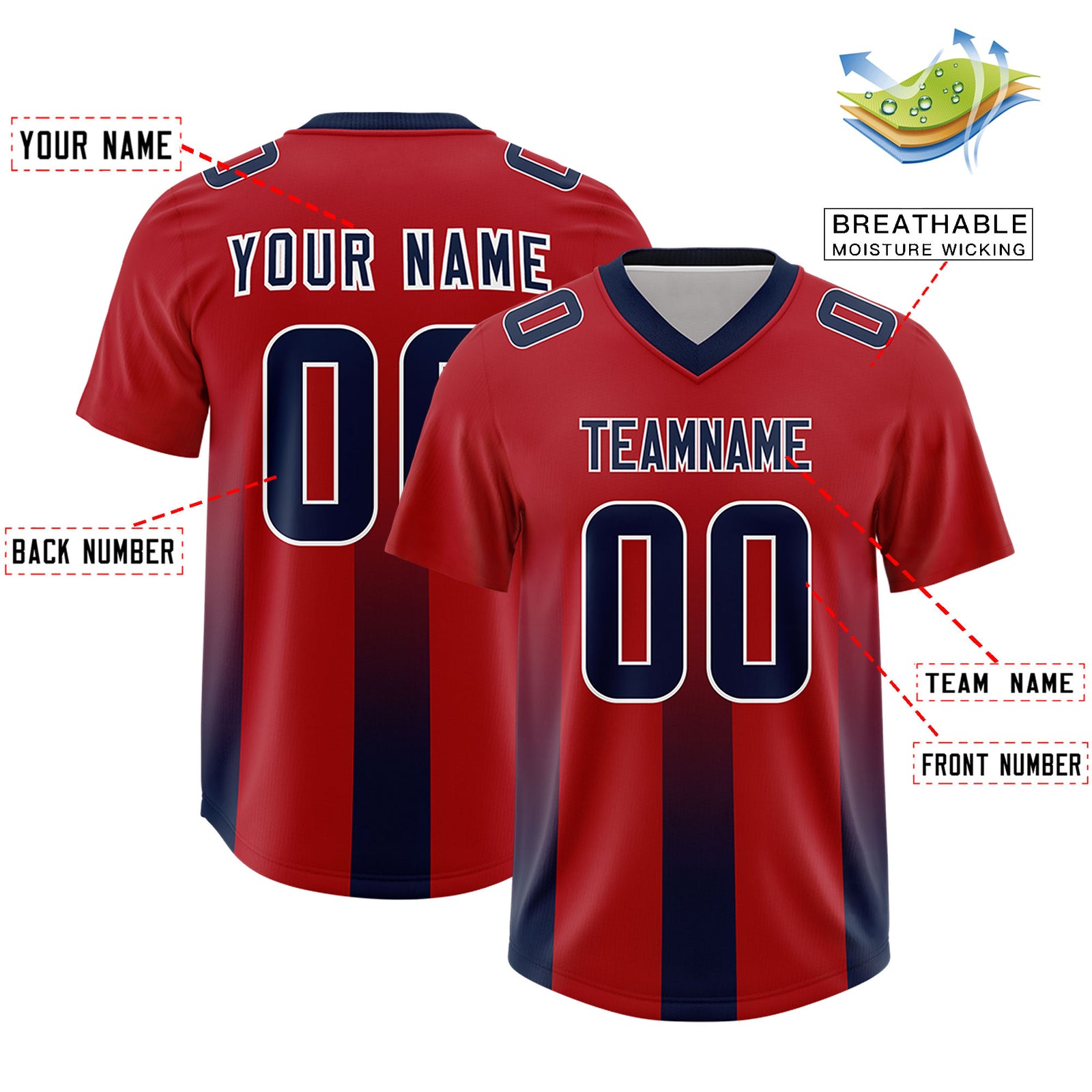 Custom Red Navy Vertical Width Stripe Gradient Fashion Personalized Team Football Jersey