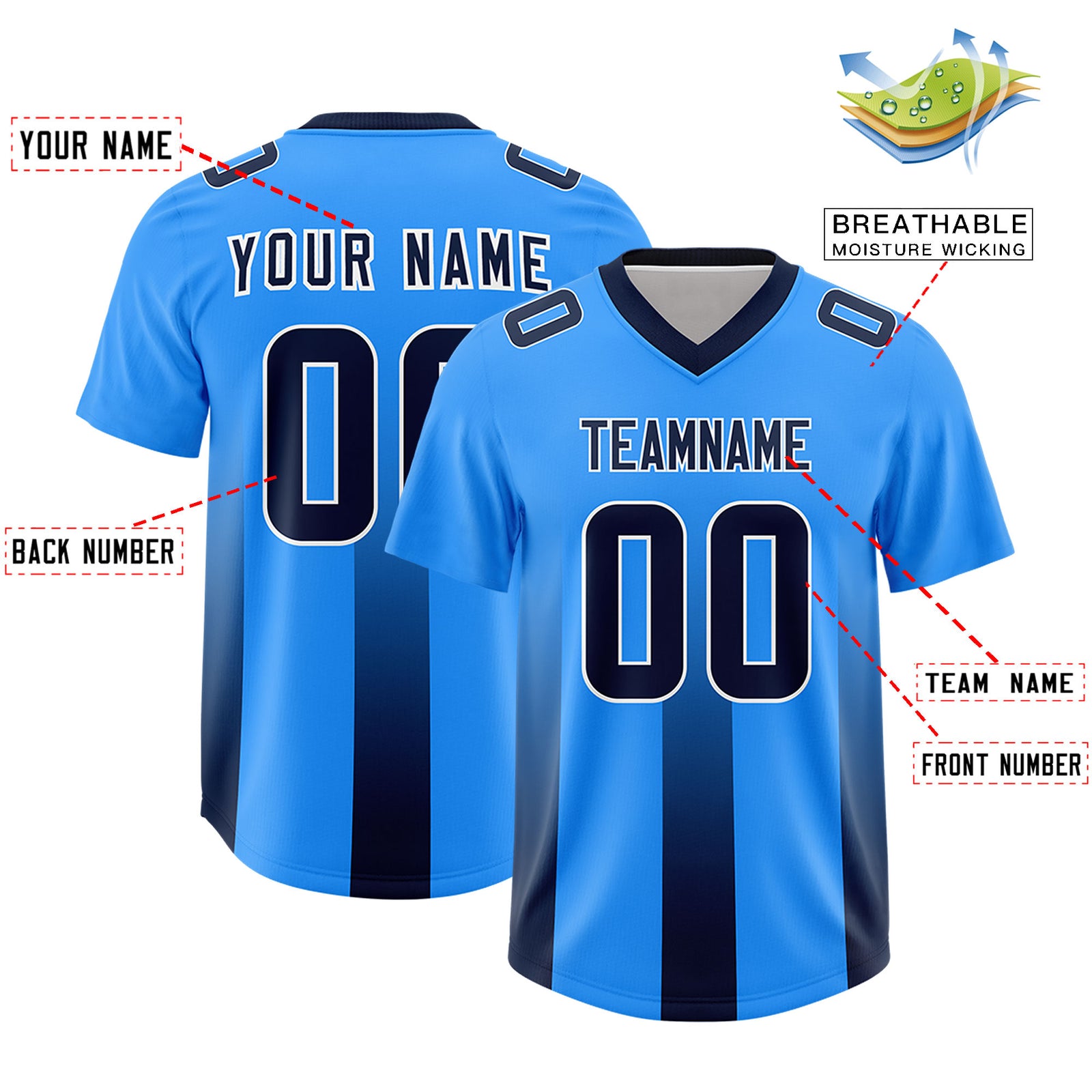 Custom Light Blue Navy Vertical Width Stripe Gradient Fashion Personalized Team Football Jersey