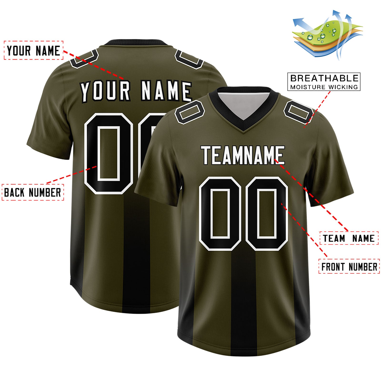 Custom Olive Black Vertical Width Stripe Gradient Fashion Personalized Team Football Jersey