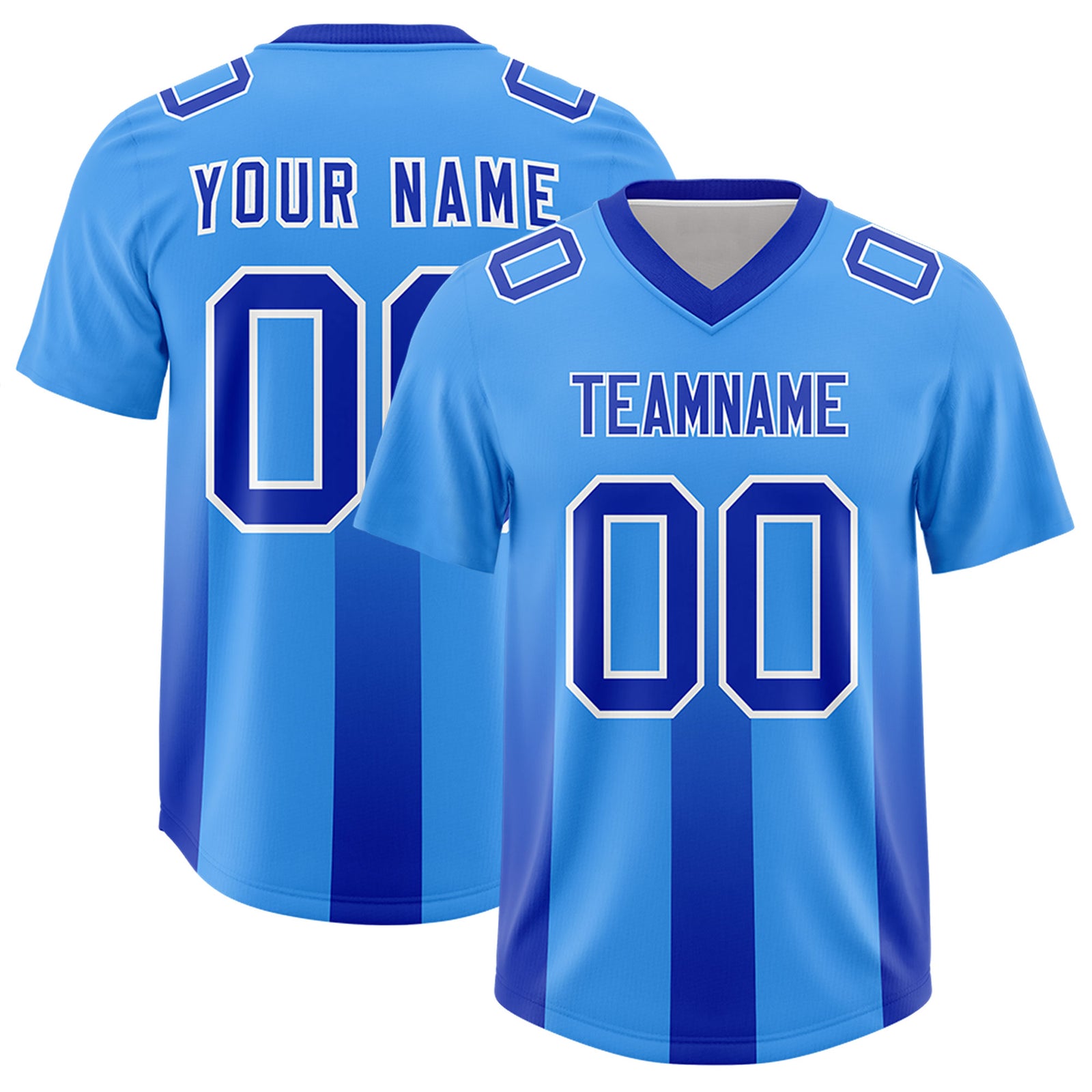 Custom Light Blue Royal Vertical Width Stripe Gradient Fashion Personalized Team Football Jersey