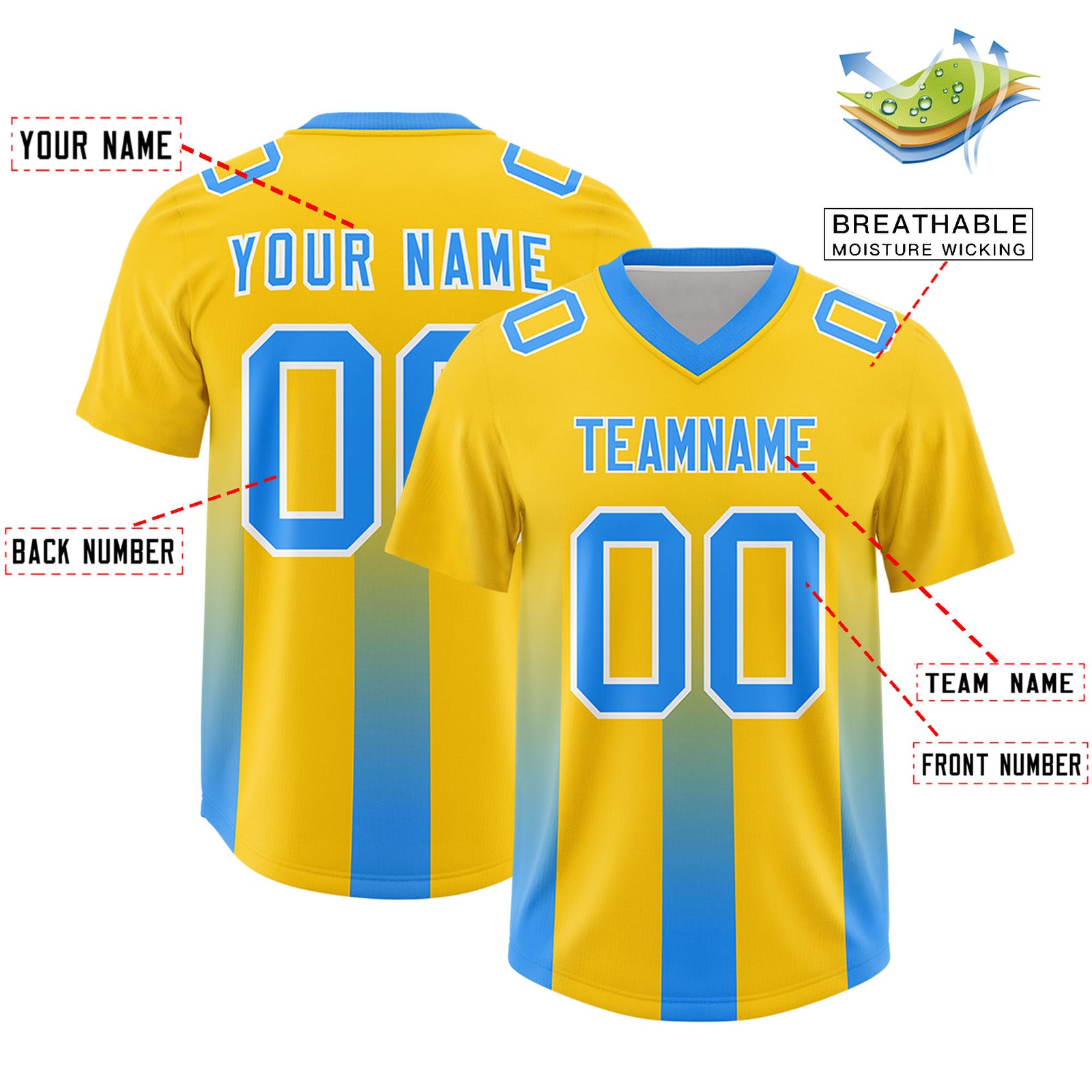 Custom Yellow Light Blue Vertical Width Stripe Gradient Fashion Personalized Team Football Jersey