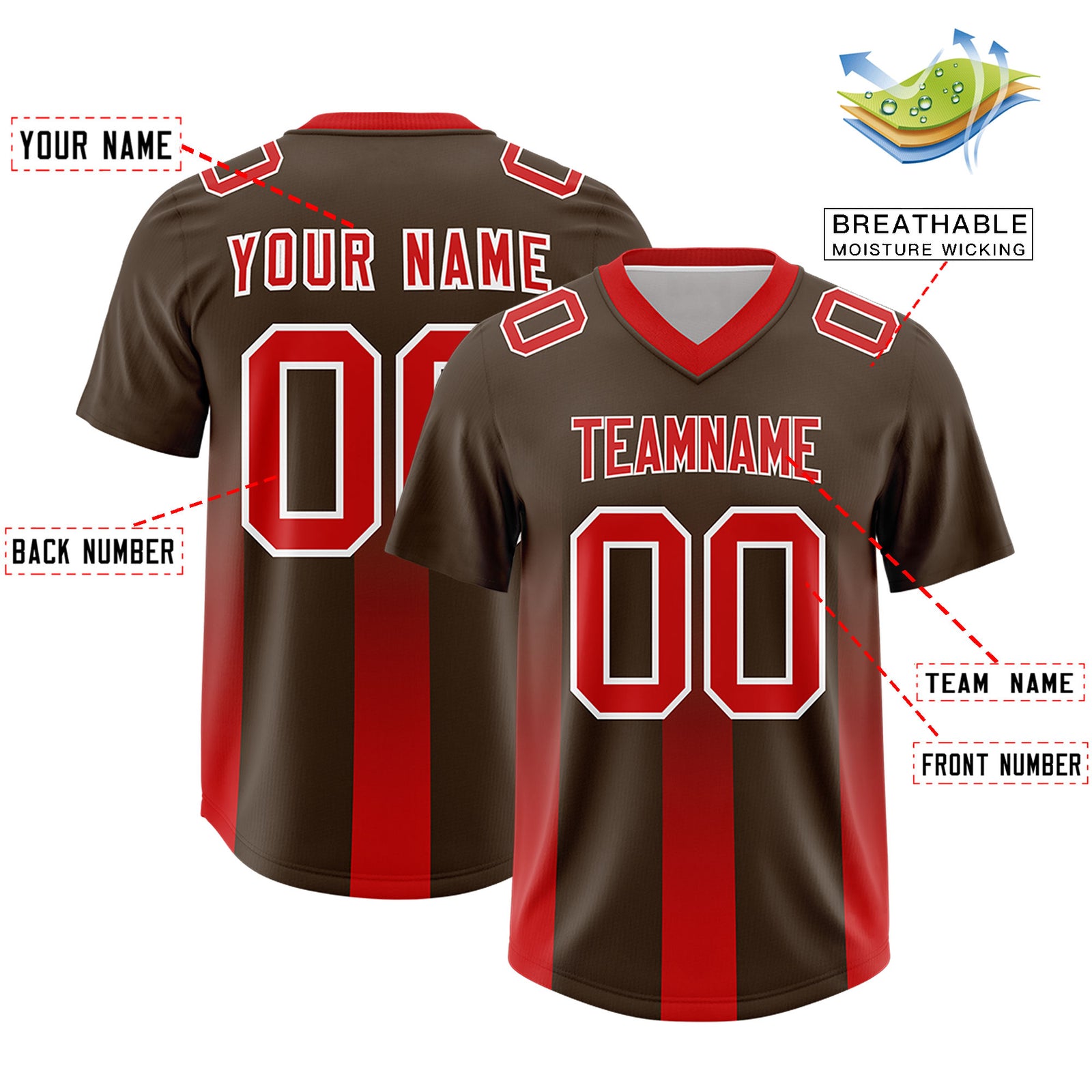 Custom Brown Red Vertical Width Stripe Gradient Fashion Personalized Team Football Jersey