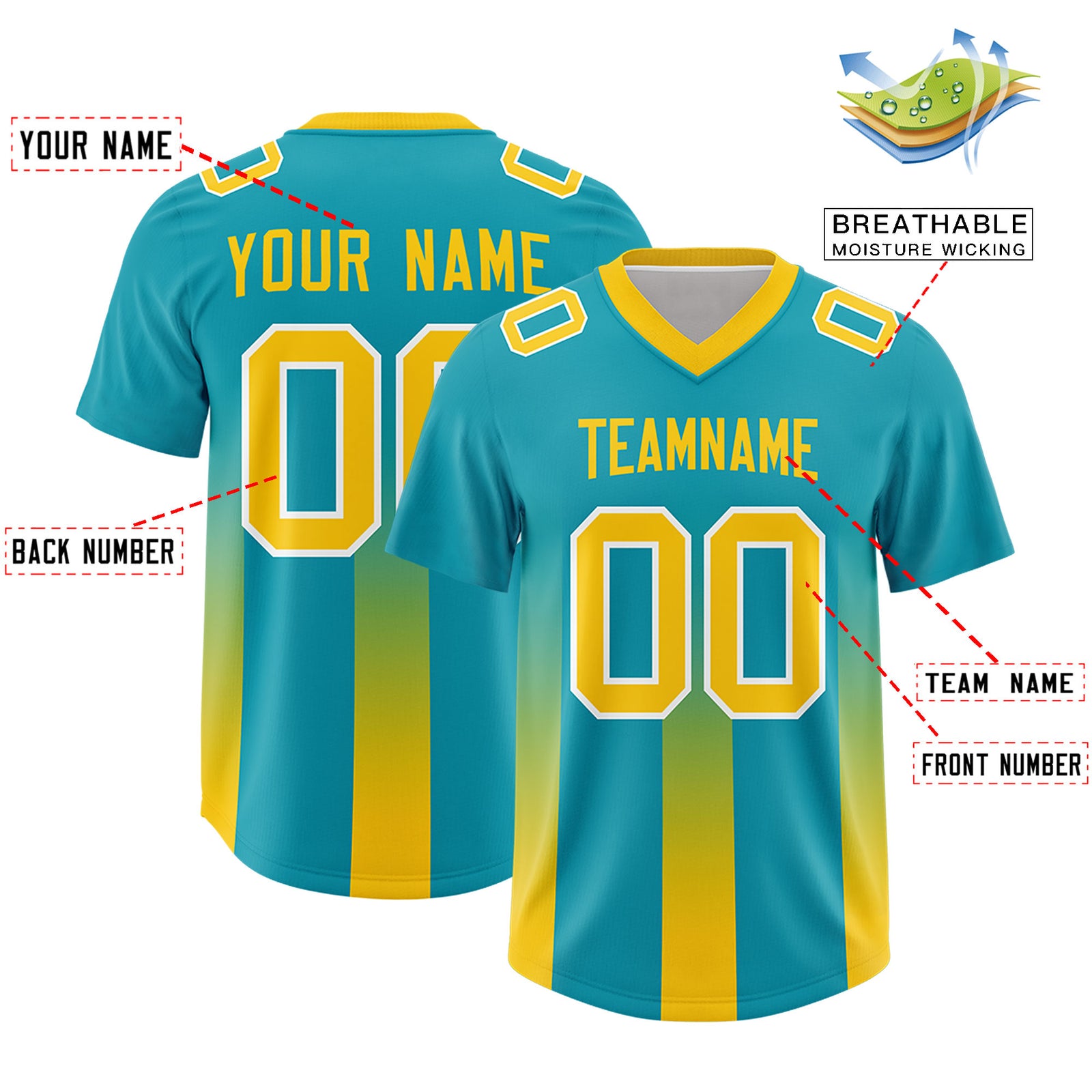 Custom Aqua Yellow Vertical Width Stripe Gradient Fashion Personalized Team Football Jersey