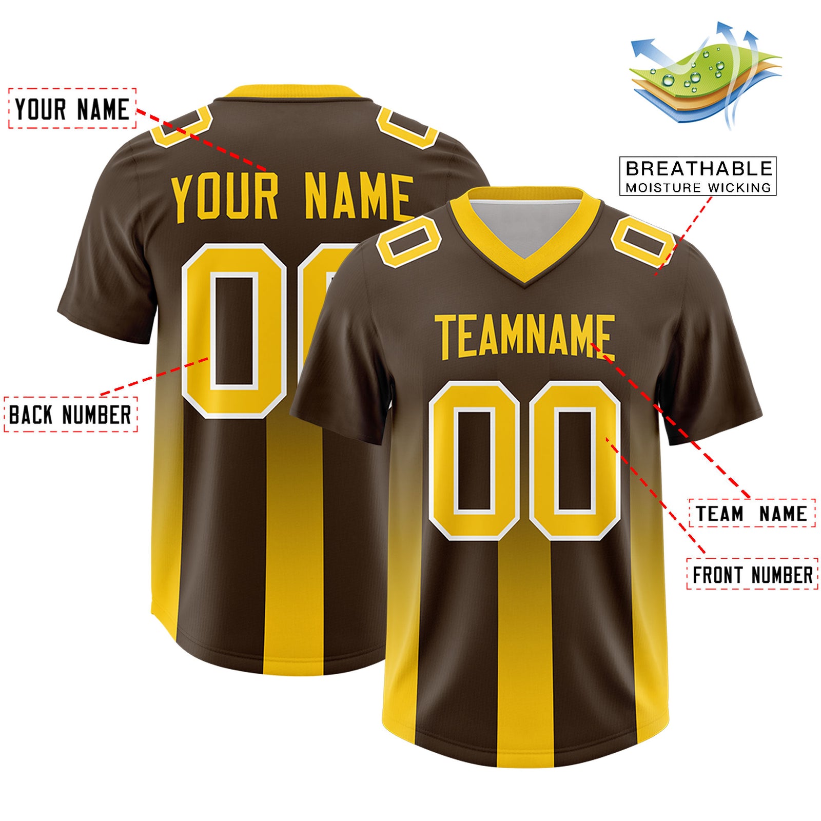 Custom Brown Yellow Vertical Width Stripe Gradient Fashion Personalized Team Football Jersey