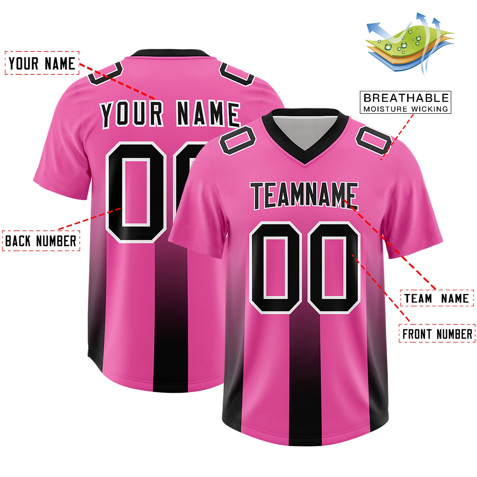 Custom Pink Black Vertical Width Stripe Gradient Fashion Personalized Team Football Jersey