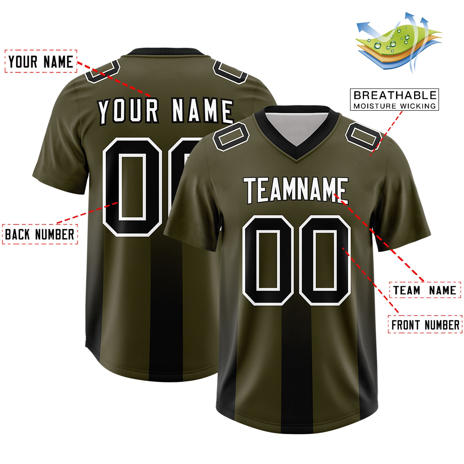 Custom Olive Black Vertical Width Stripe Gradient Fashion Personalized Team Football Jersey