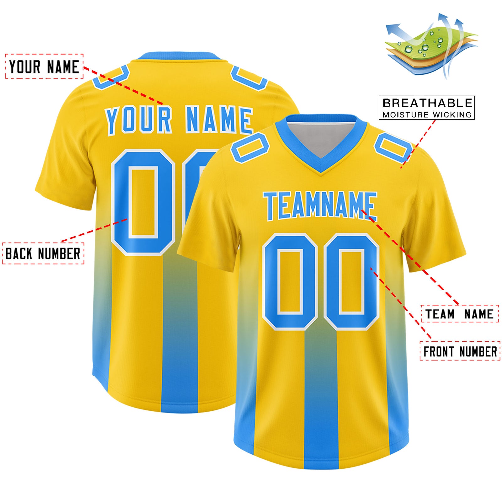 Custom Yellow Light Blue Vertical Width Stripe Gradient Fashion Personalized Team Football Jersey