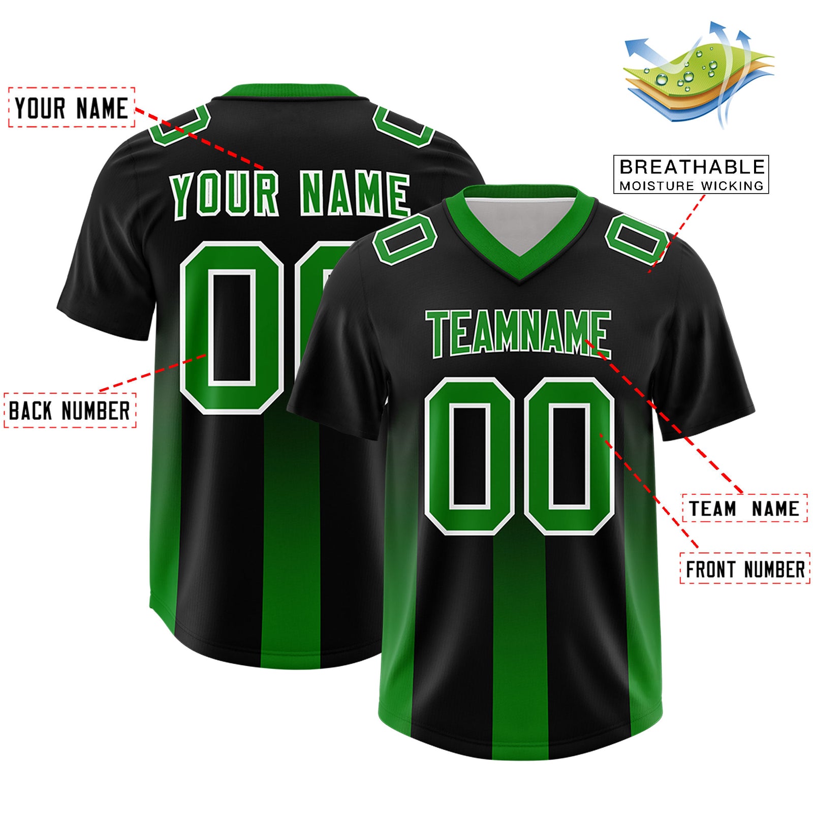 Custom Black Kelly Green Vertical Width Stripe Gradient Fashion Personalized Team Football Jersey