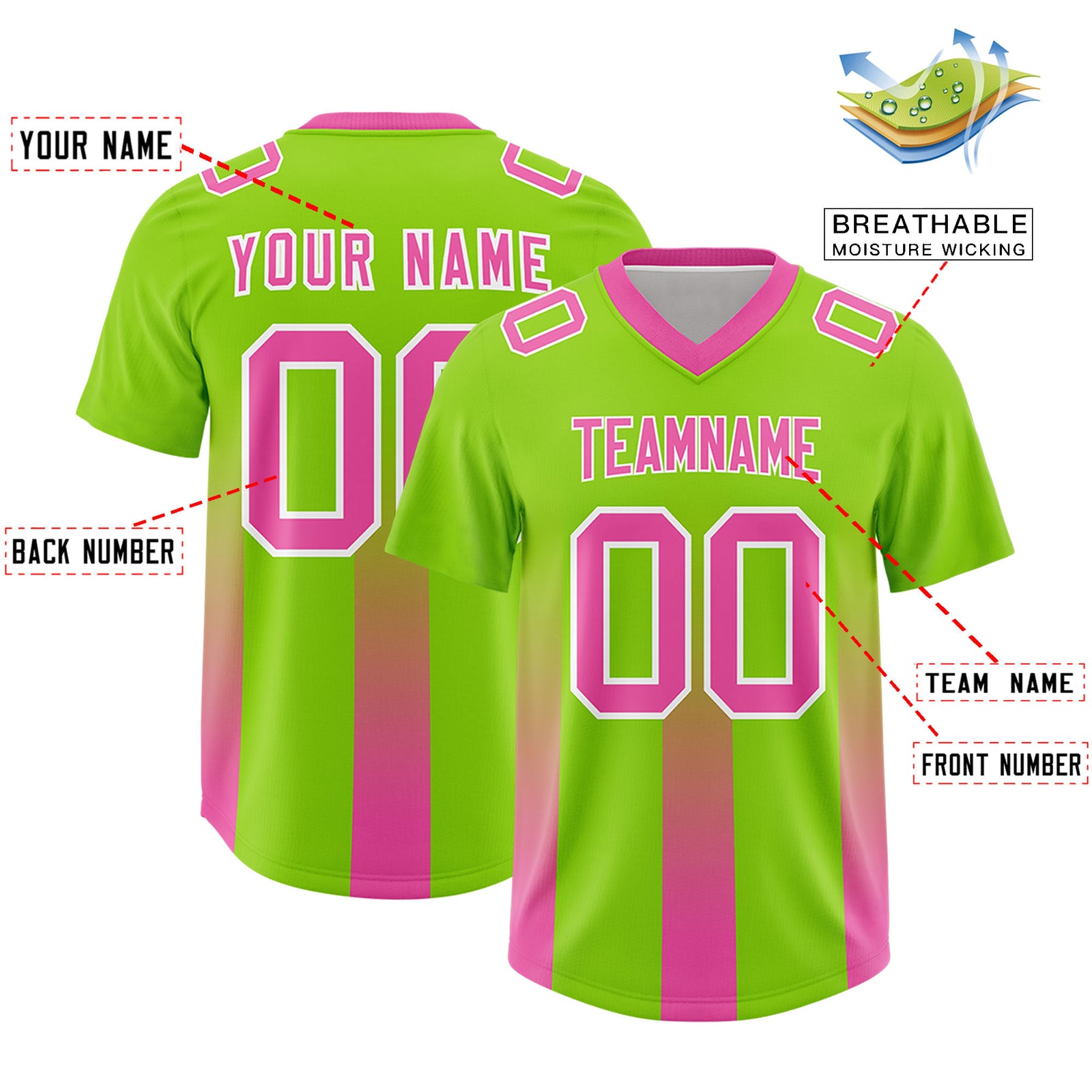 Custom Neon Green Pink Vertical Width Stripe Gradient Fashion Personalized Team Football Jersey