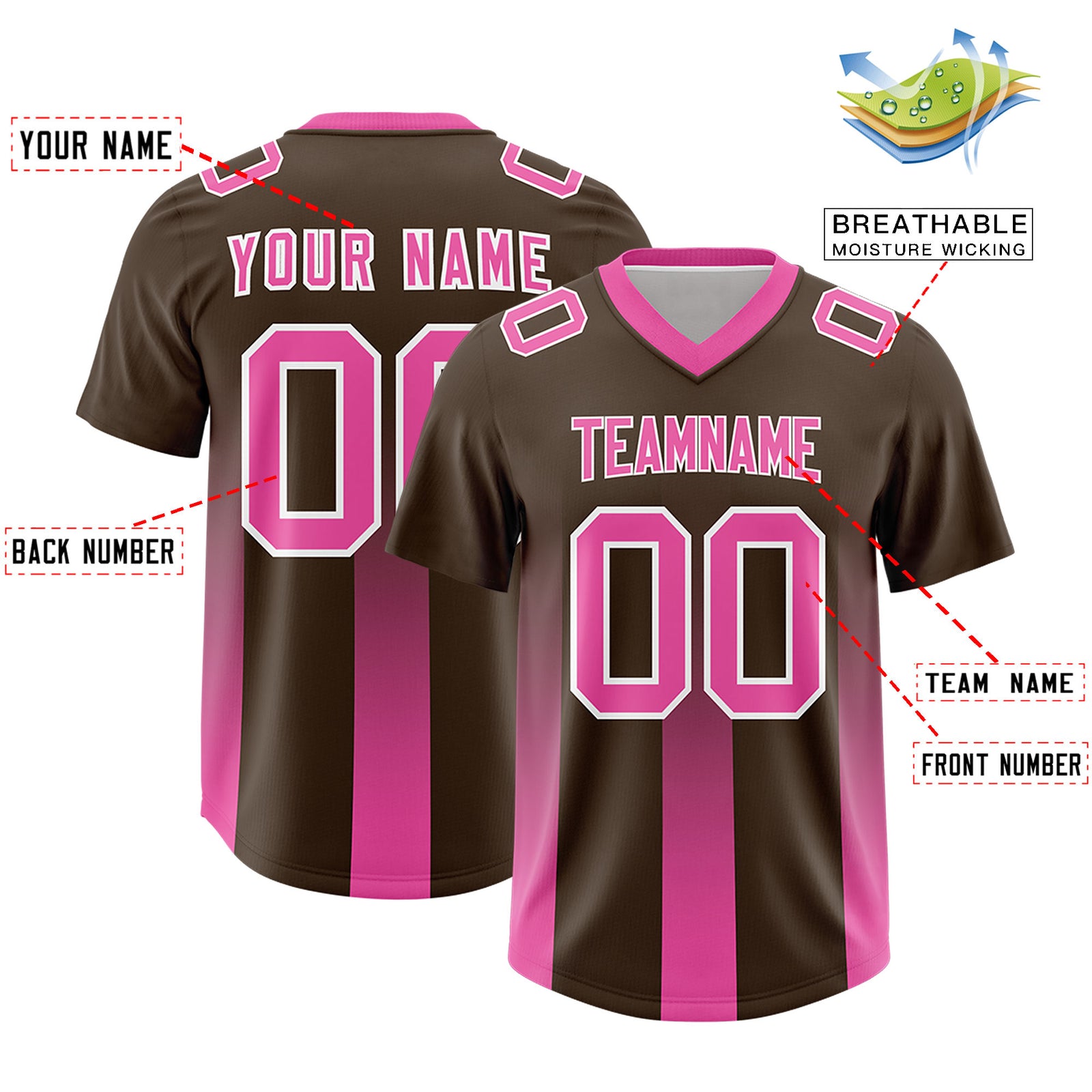 Custom Brown Pink Vertical Width Stripe Gradient Fashion Personalized Team Football Jersey