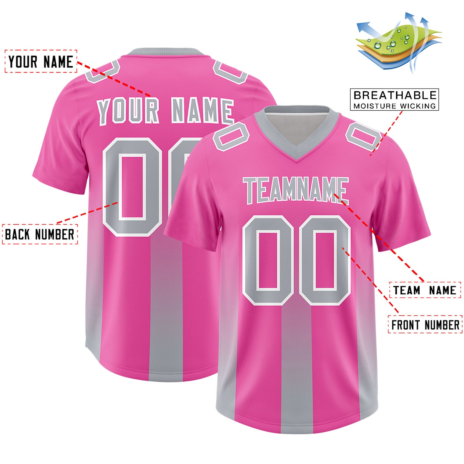 Custom Pink Gray Vertical Width Stripe Gradient Fashion Personalized Team Football Jersey