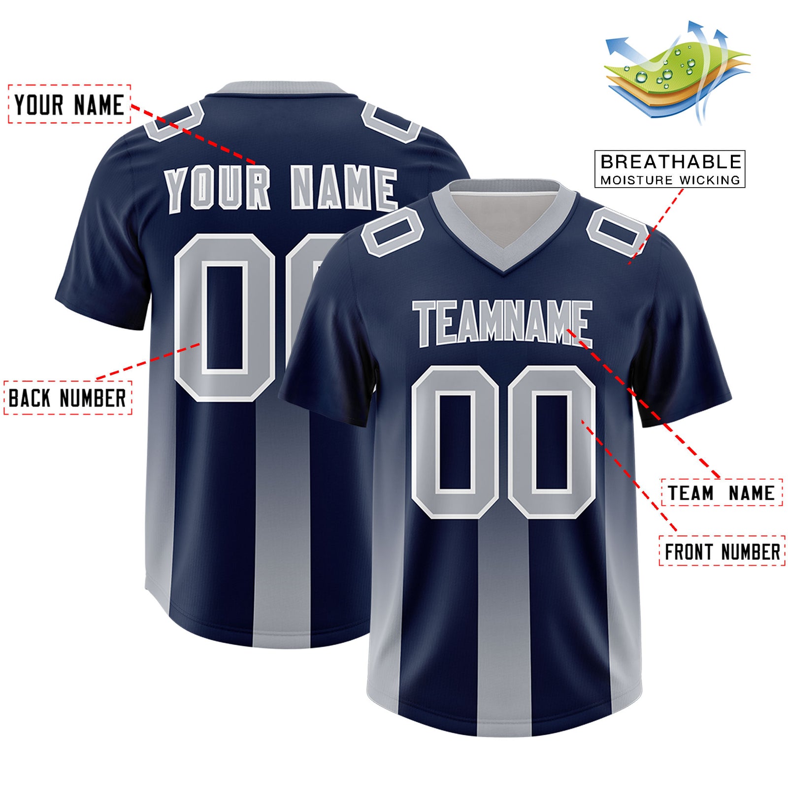 Custom Navy Gray Vertical Width Stripe Gradient Fashion Personalized Team Football Jersey