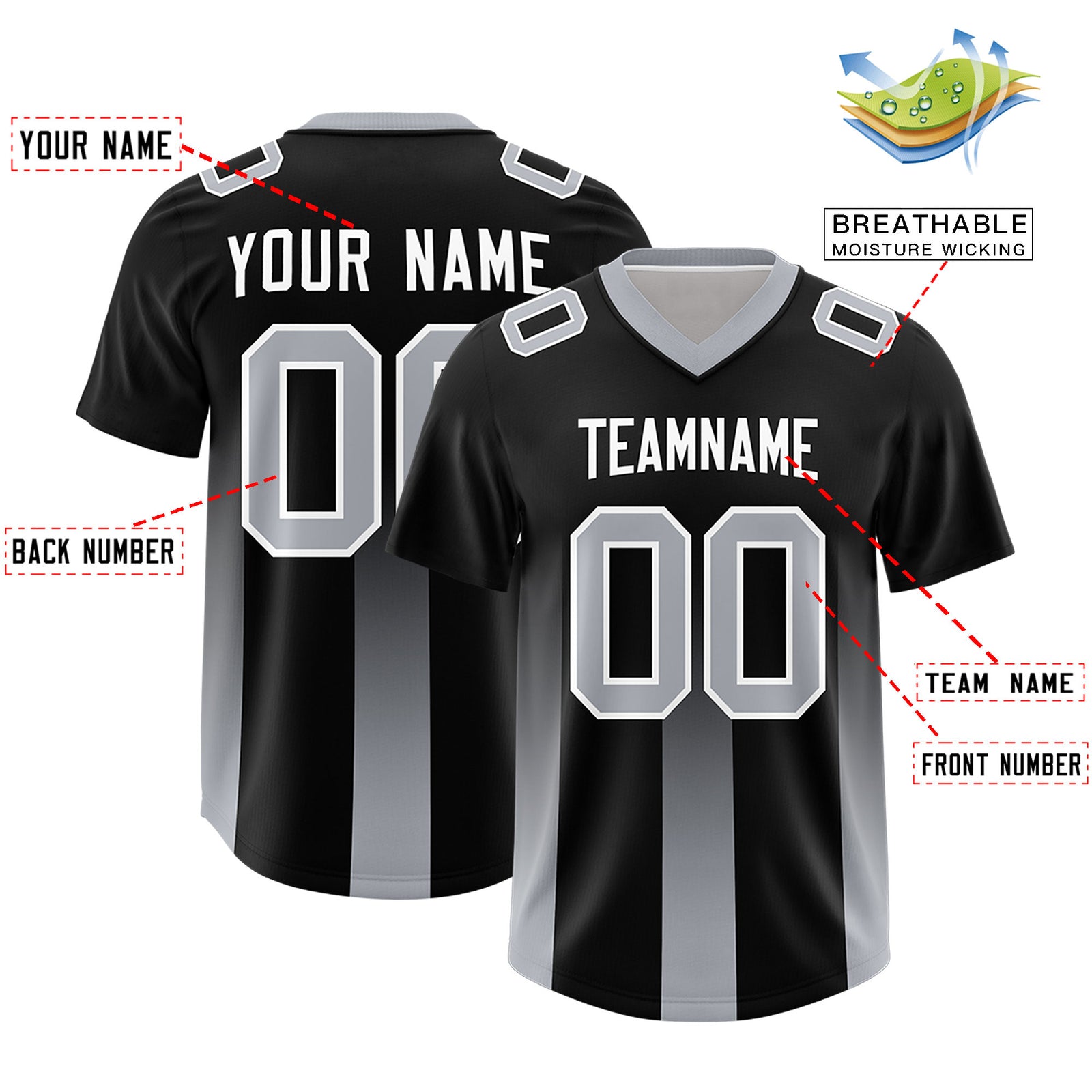 Custom Black Gray Vertical Width Stripe Gradient Fashion Personalized Team Football Jersey