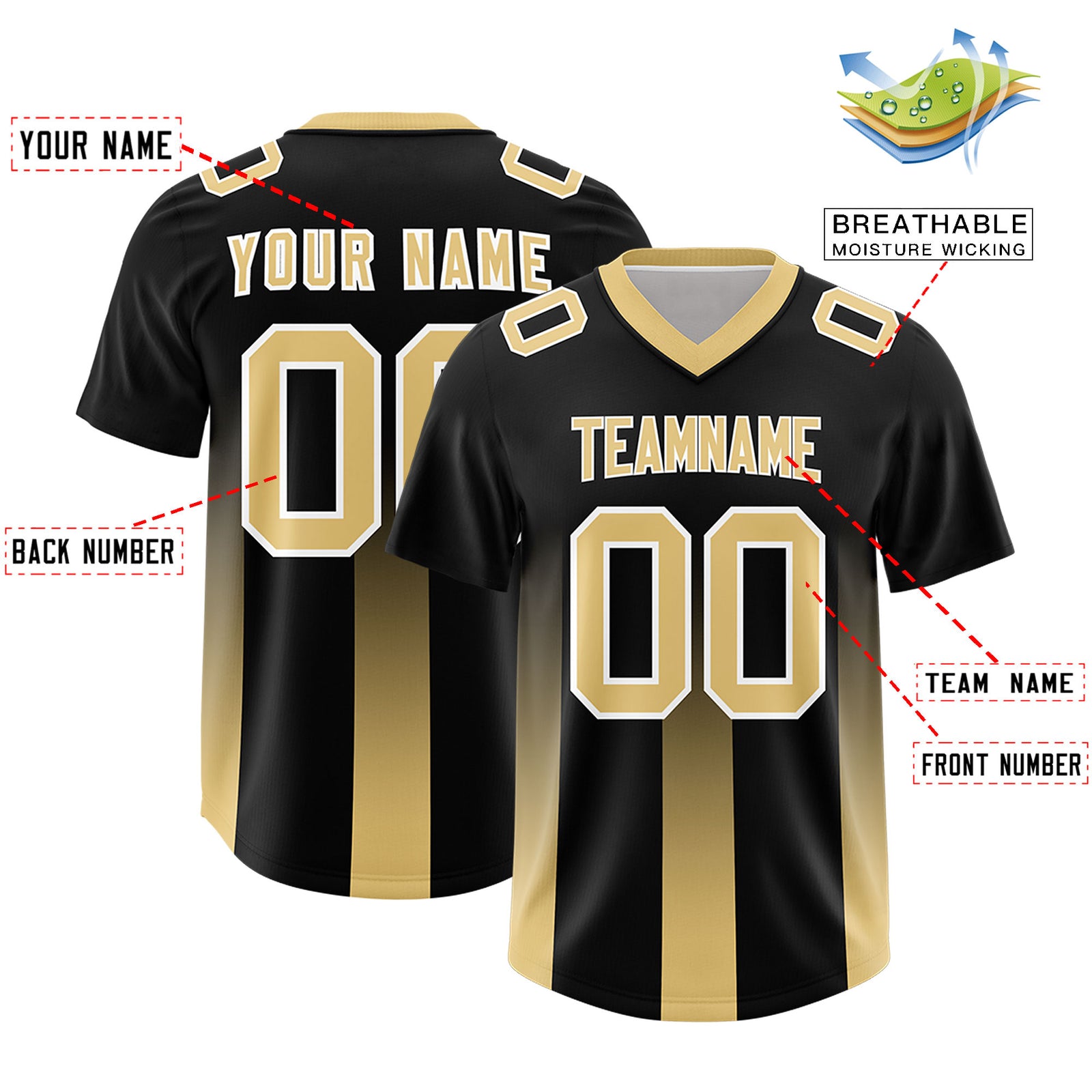 Custom Black Khaki Vertical Width Stripe Gradient Fashion Personalized Team Football Jersey