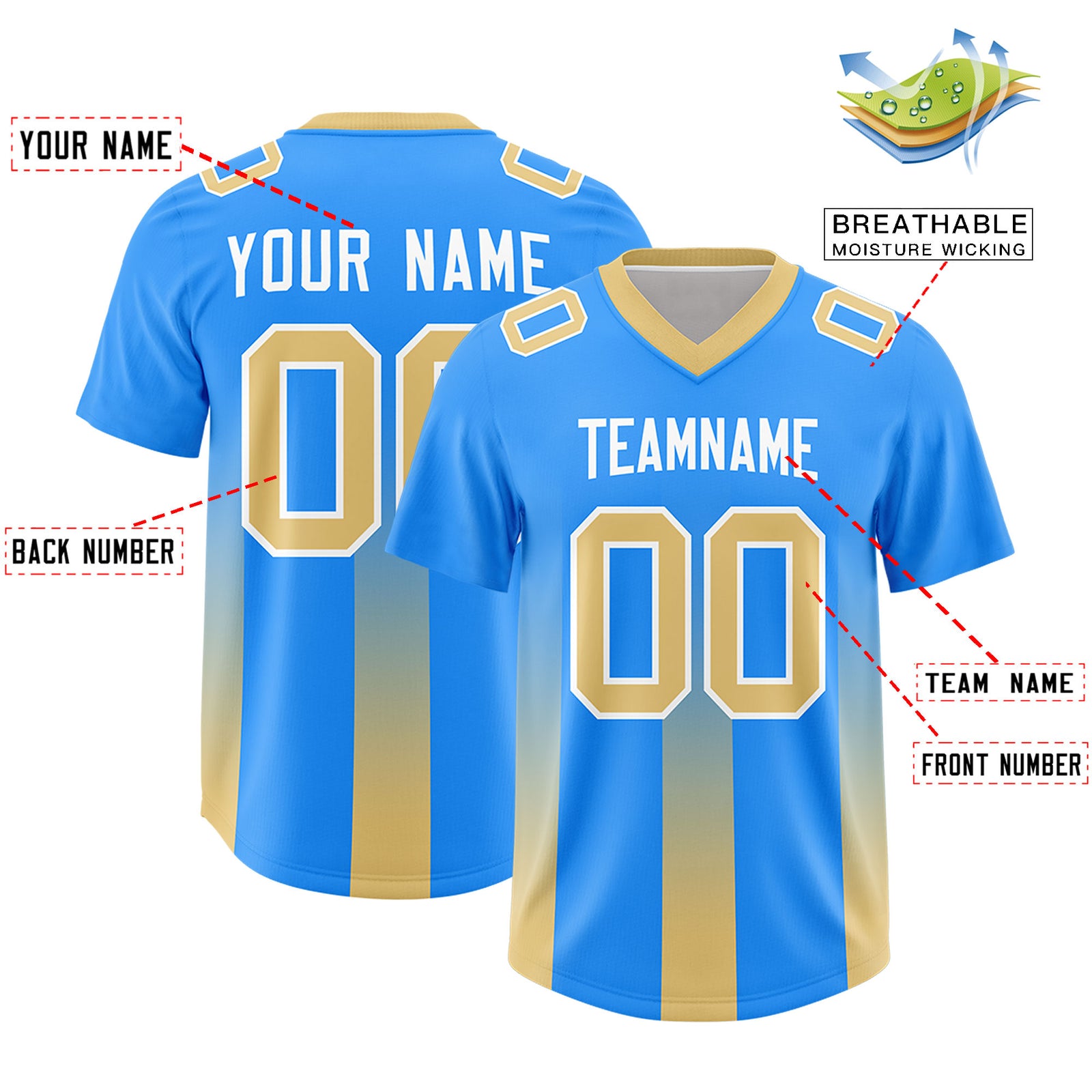 Custom Light Blue Khaki Vertical Width Stripe Gradient Fashion Personalized Team Football Jersey